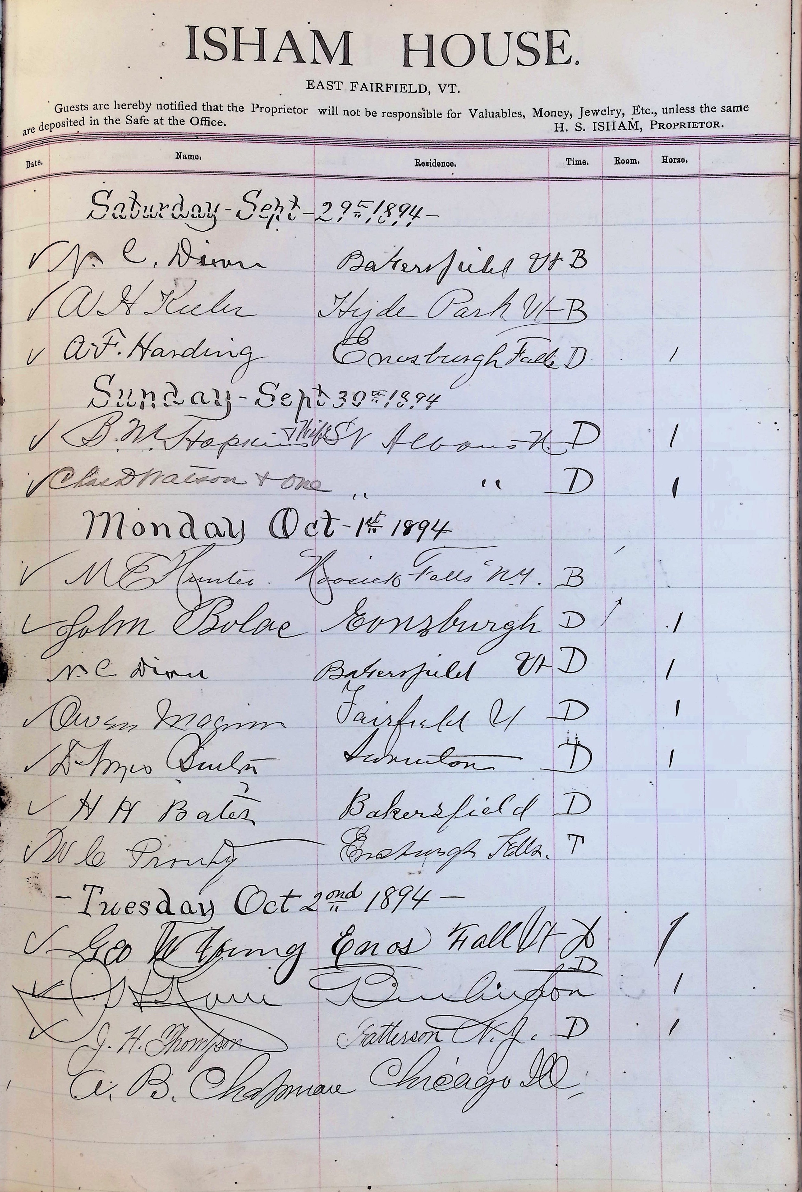 Isham Hotel register Vol. 3, Page 239