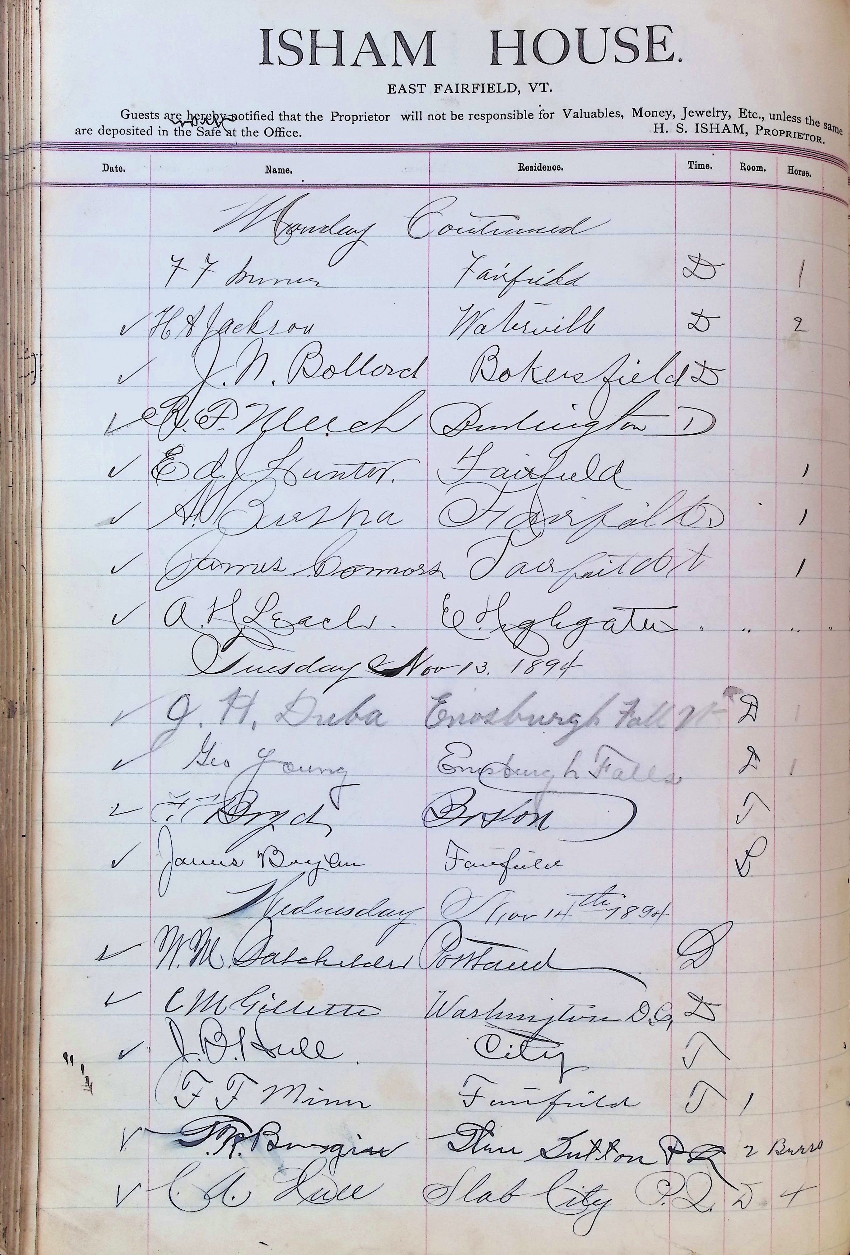 Isham Hotel register Vol. 3, Page 252
