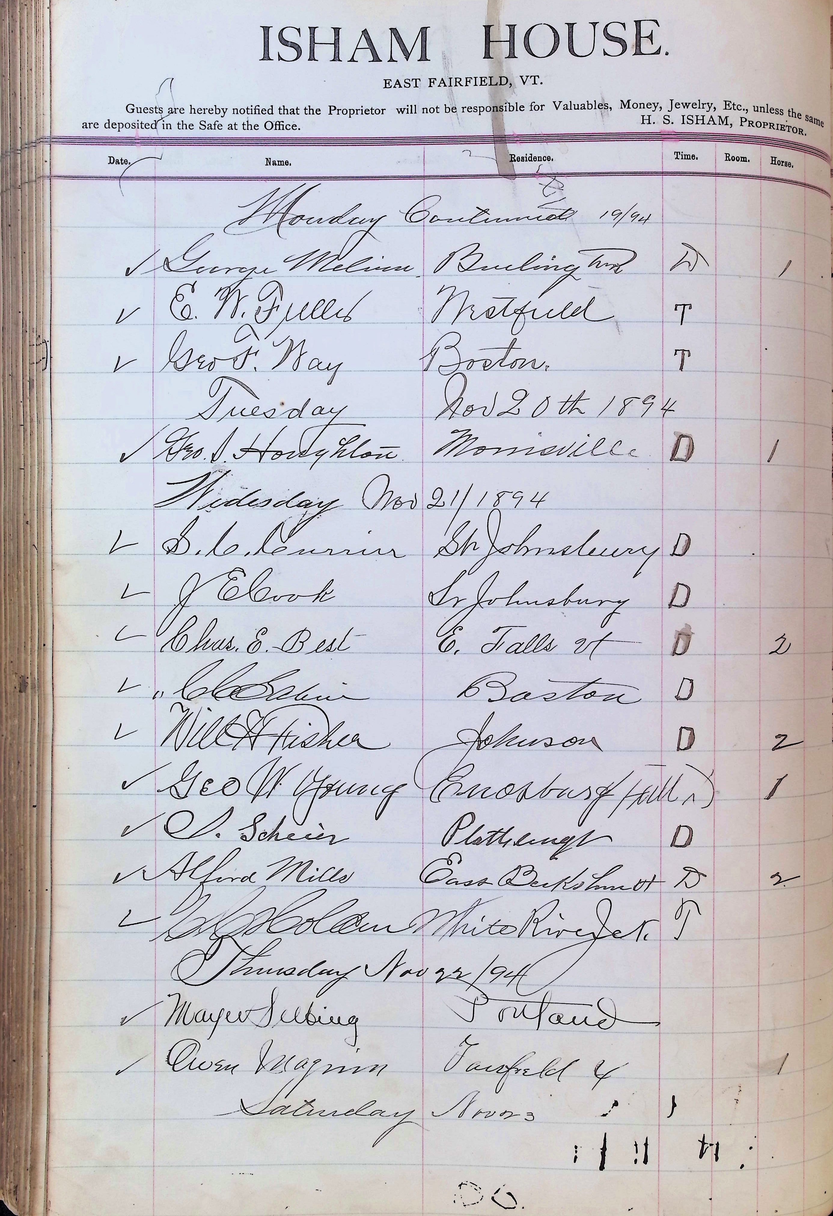 Isham Hotel register Vol. 3, Page 254