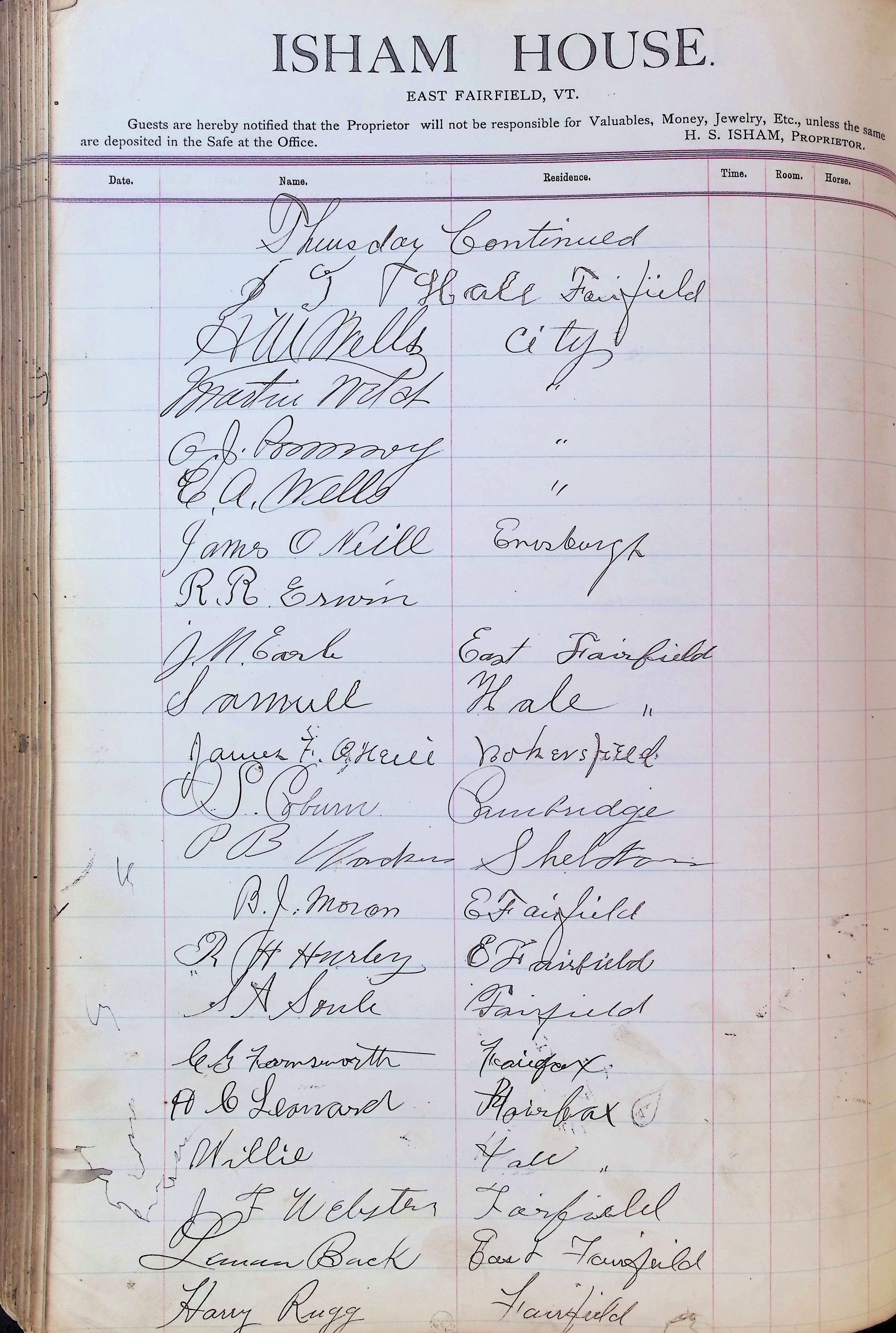 Isham Hotel register Vol. 3, Page 258