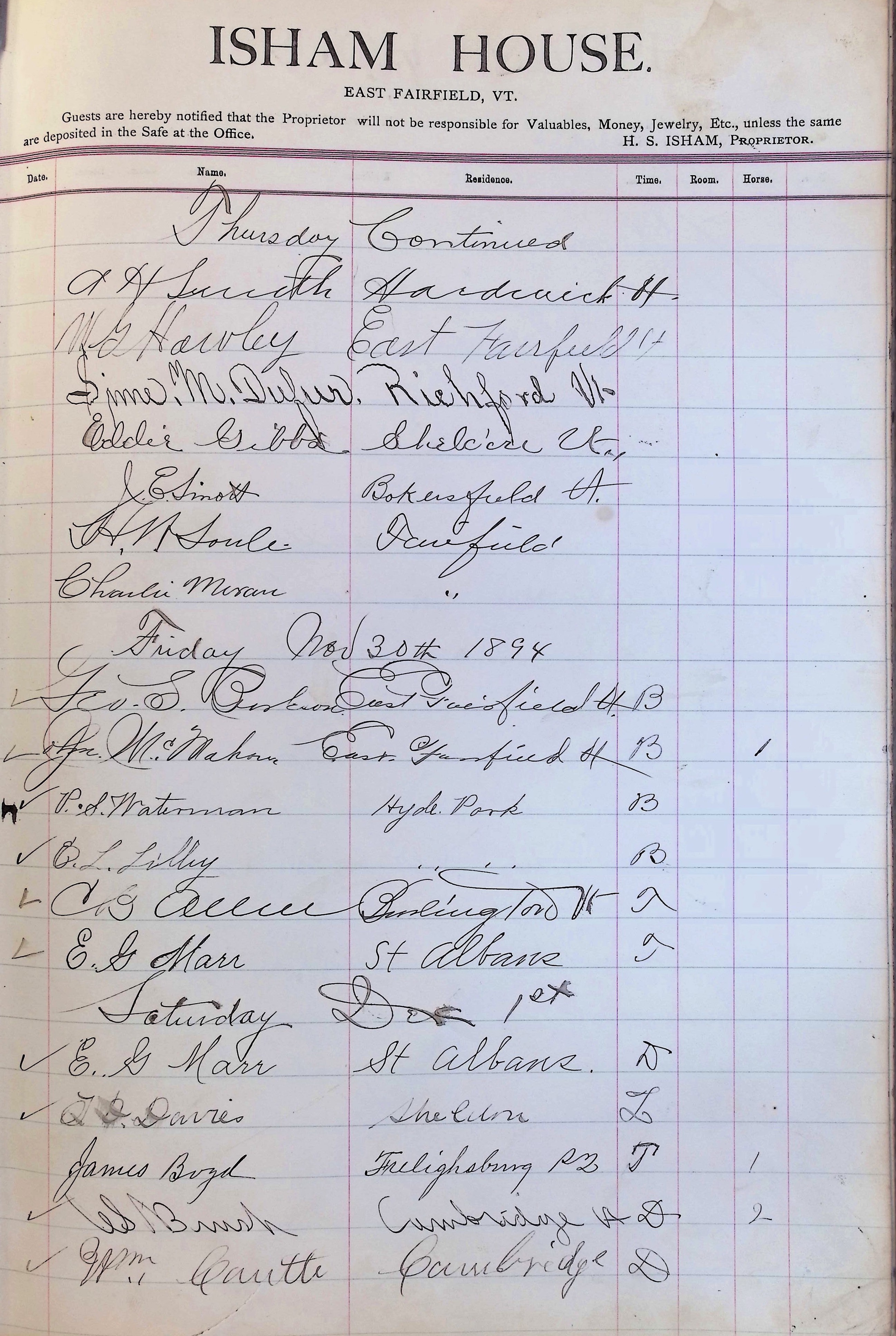 Isham Hotel register Vol. 3, Page 259