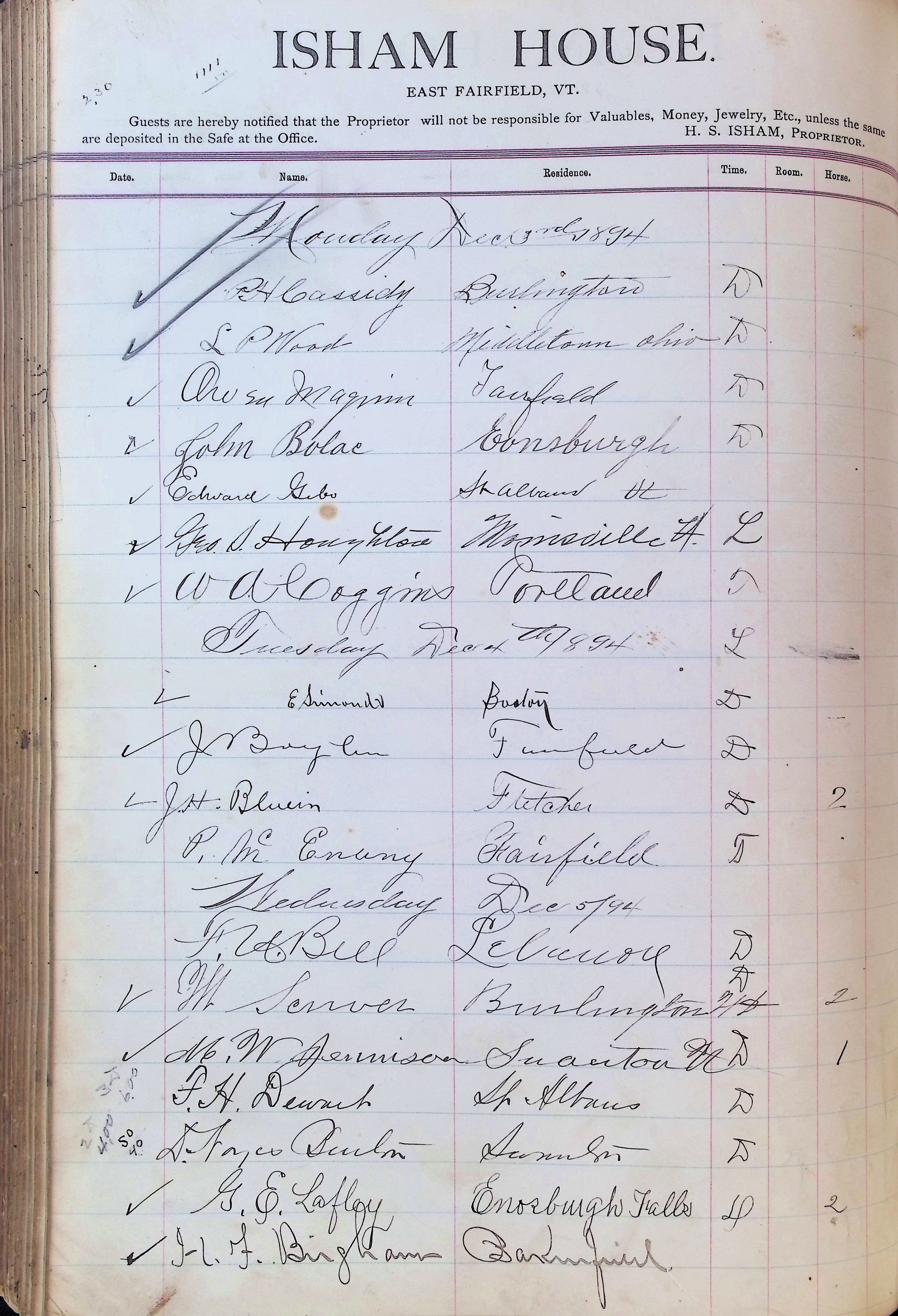 Isham Hotel register Vol. 3, Page 260