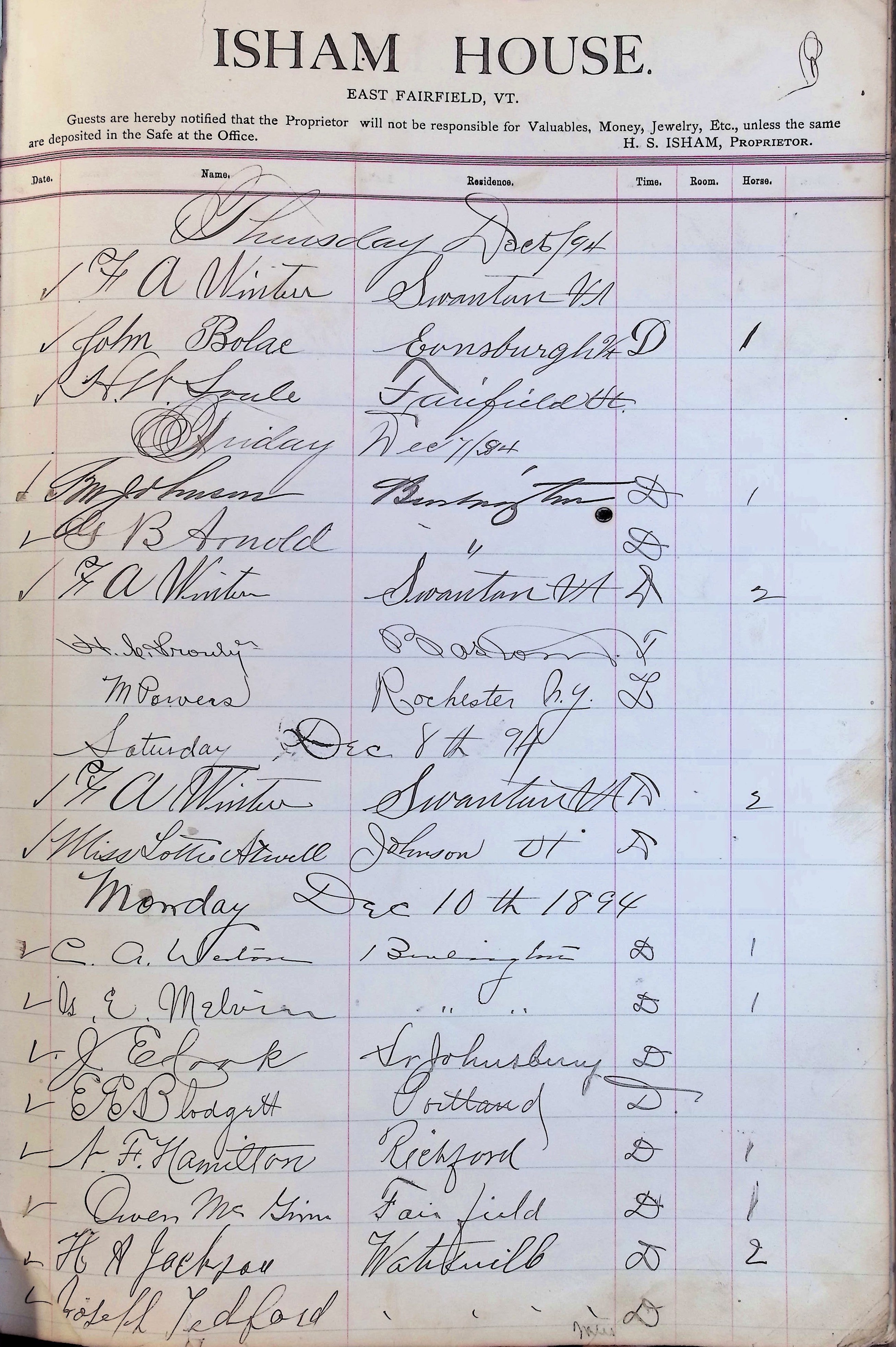 Isham Hotel register Vol. 3, Page 261