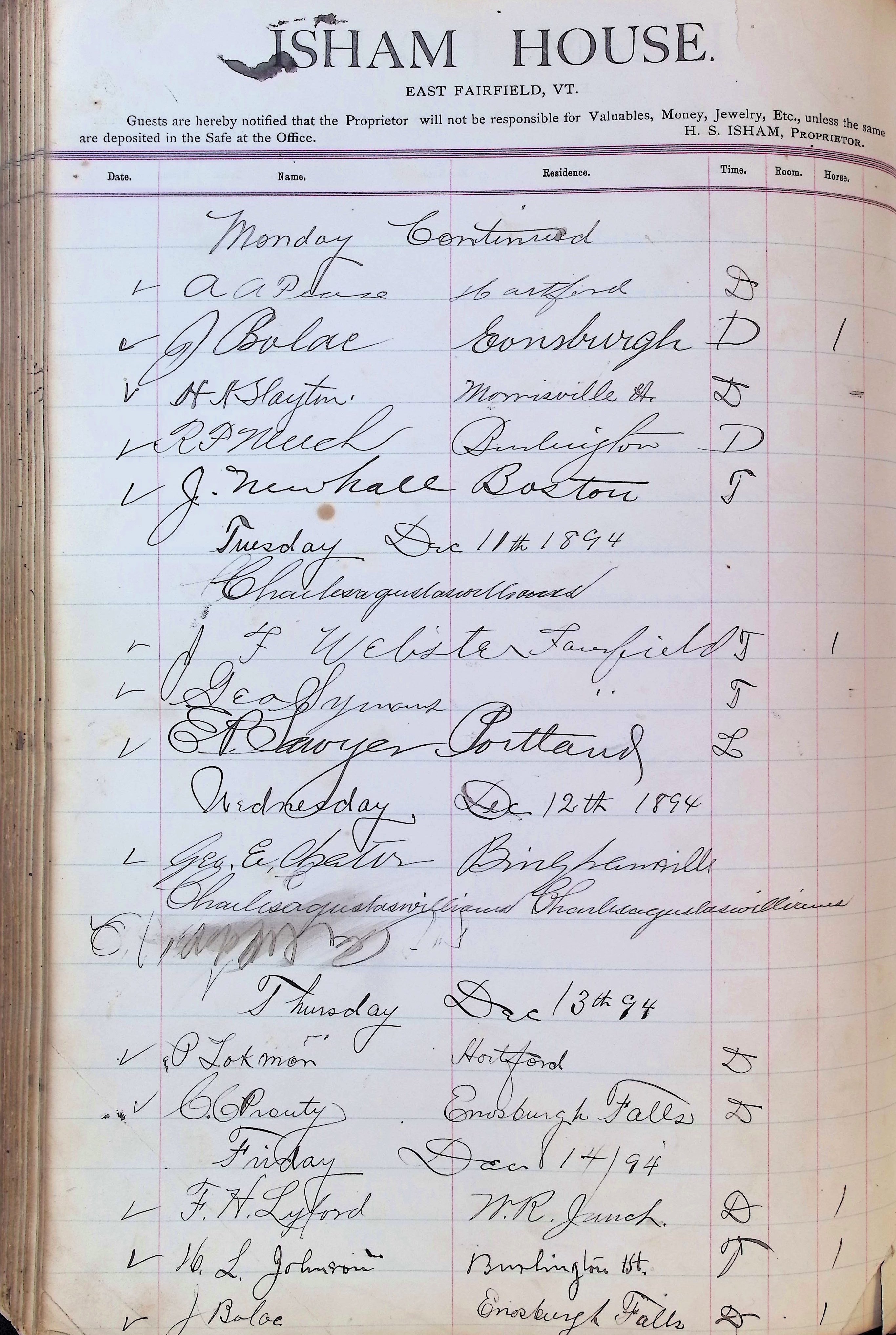 Isham Hotel register Vol. 3, Page 262