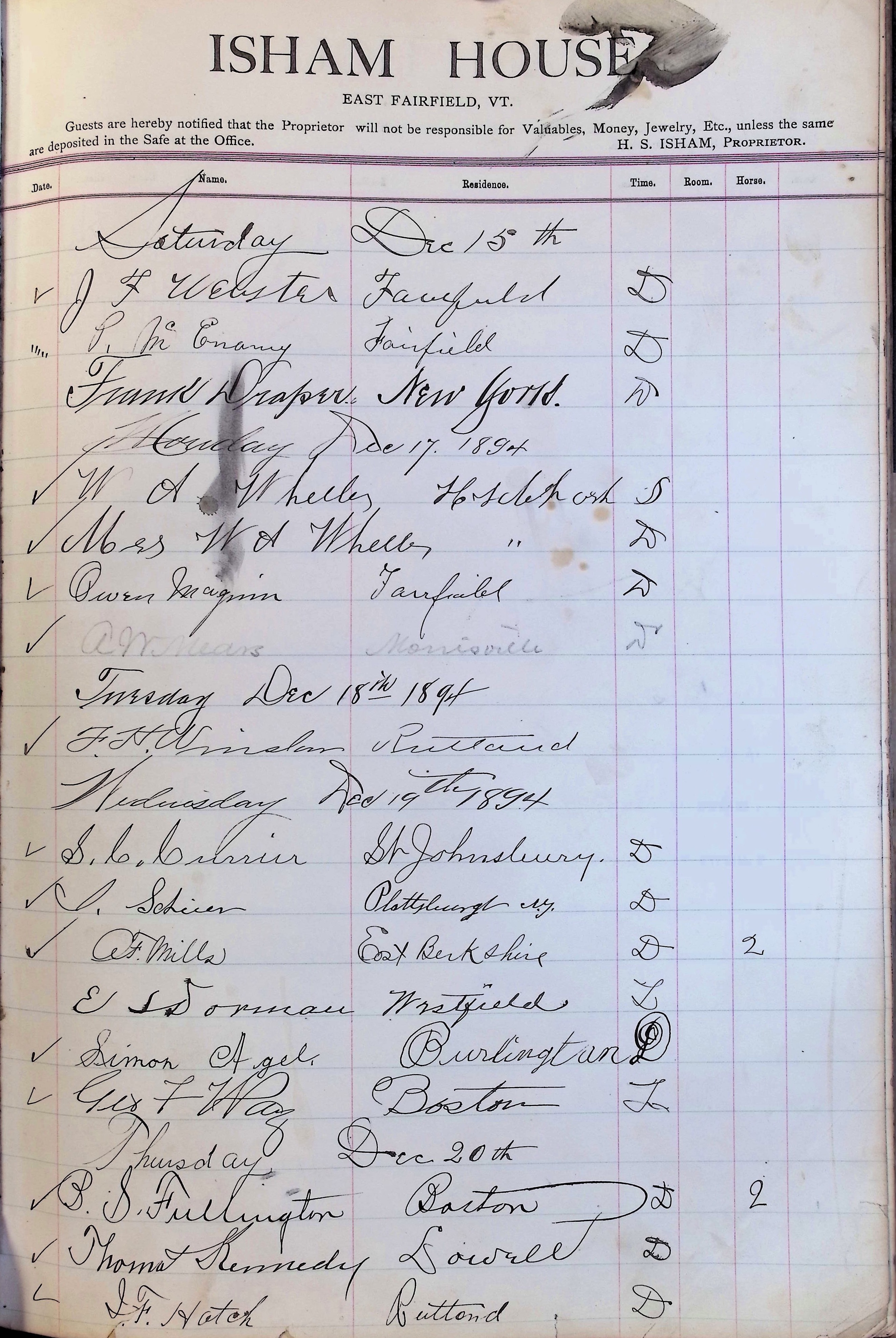 Isham Hotel register Vol. 3, Page 263