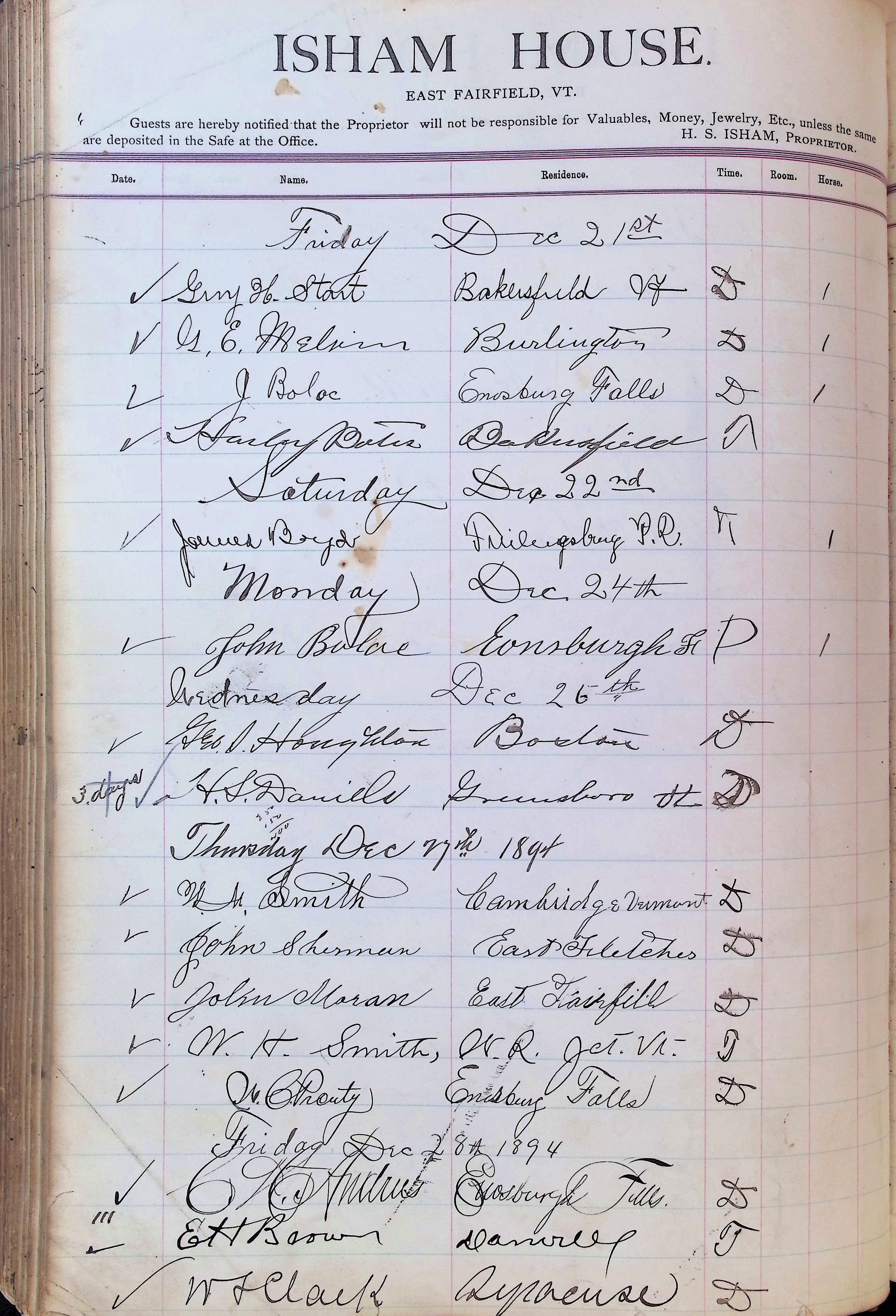 Isham Hotel register Vol. 3, Page 264