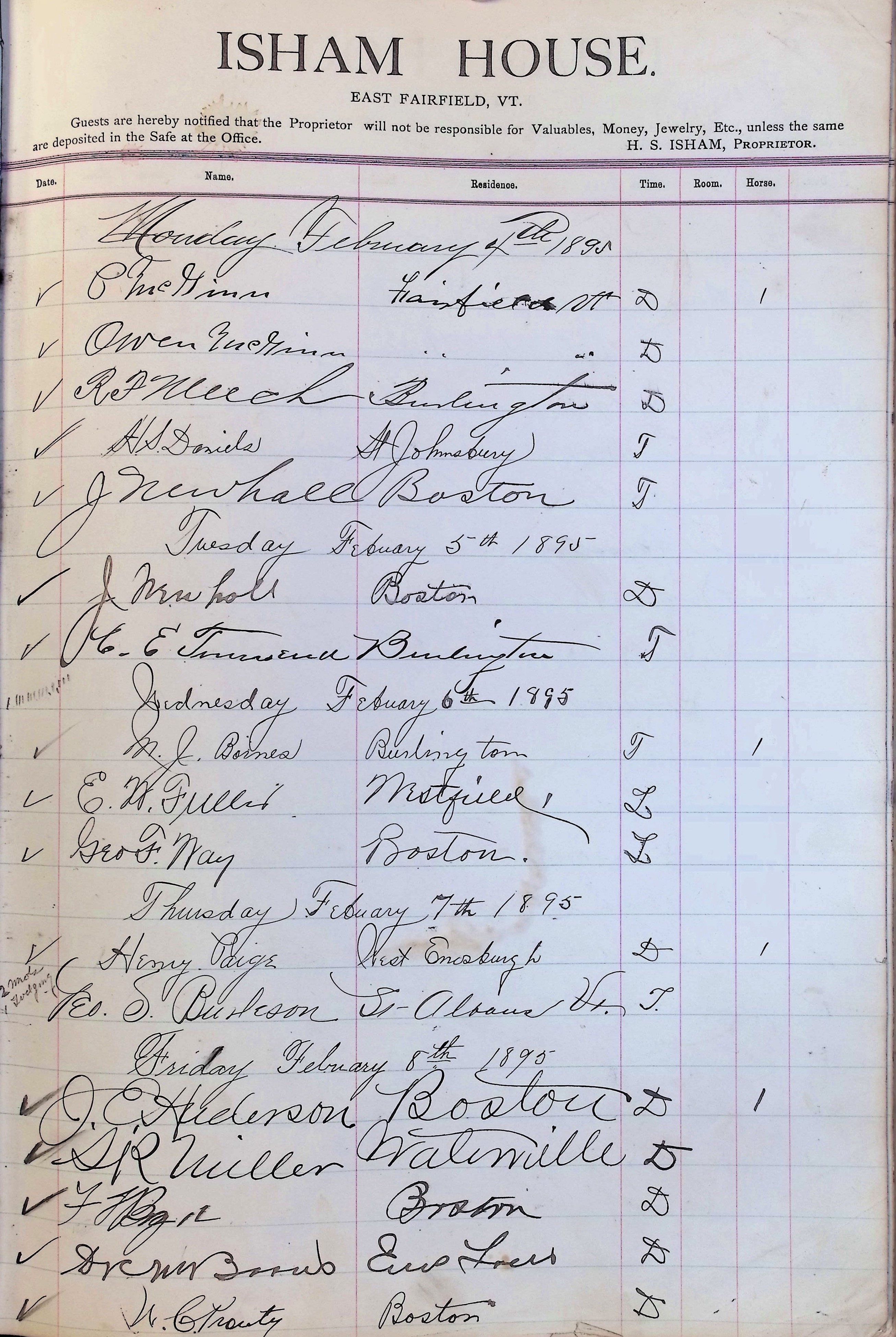 Isham Hotel register Vol. 3, Page 275