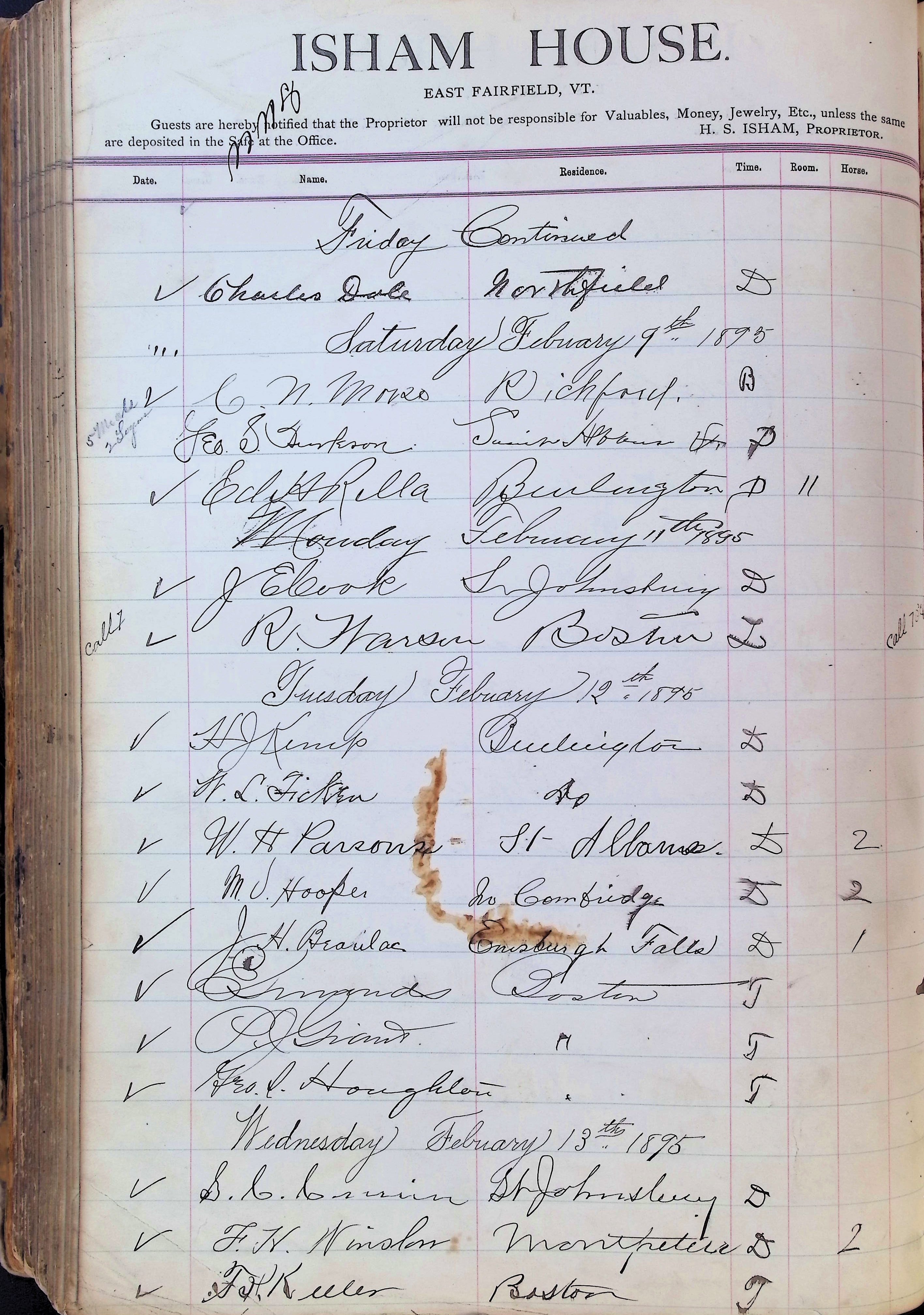 Isham Hotel register Vol. 3, Page 276