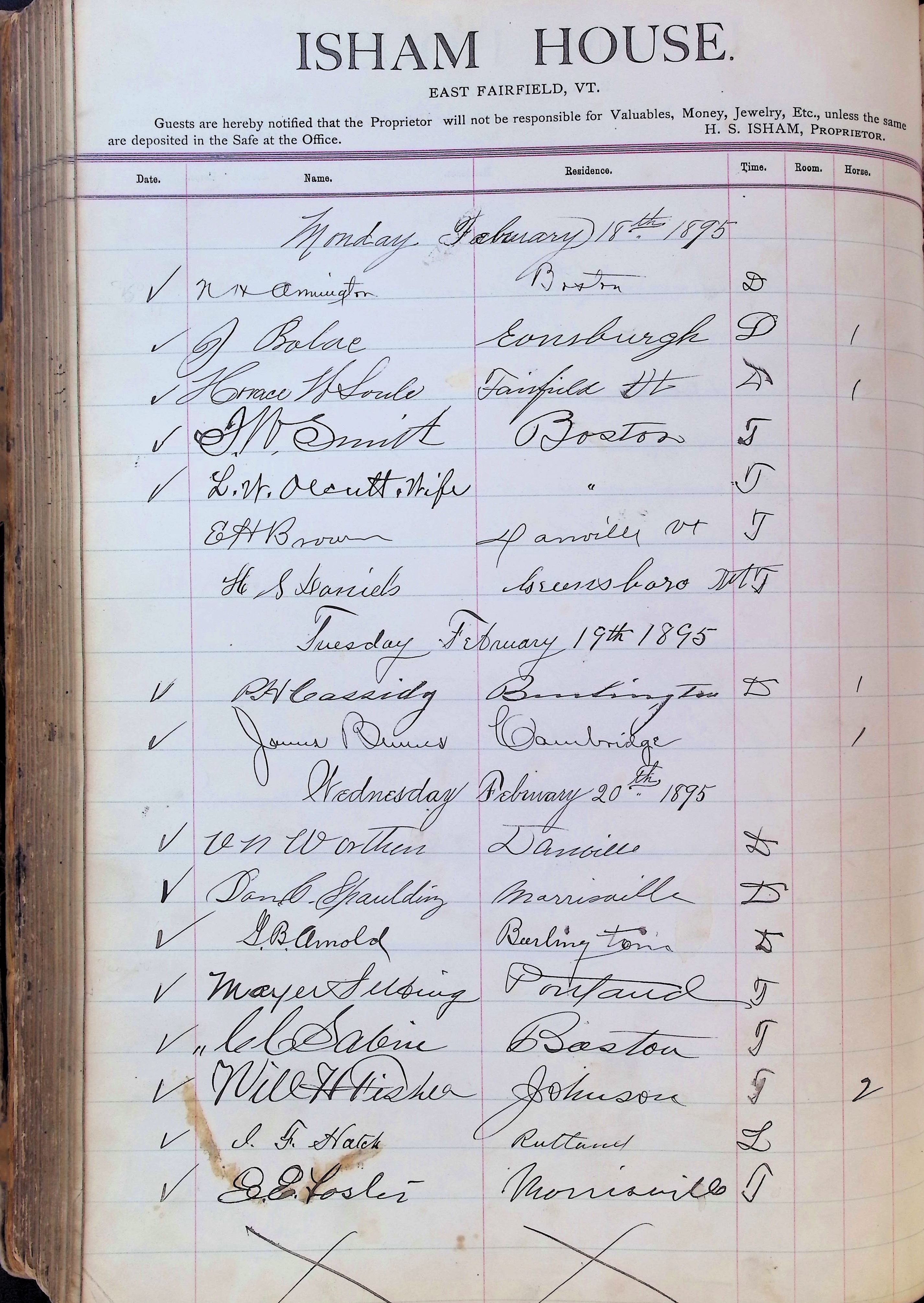 Isham Hotel register Vol. 3, Page 278