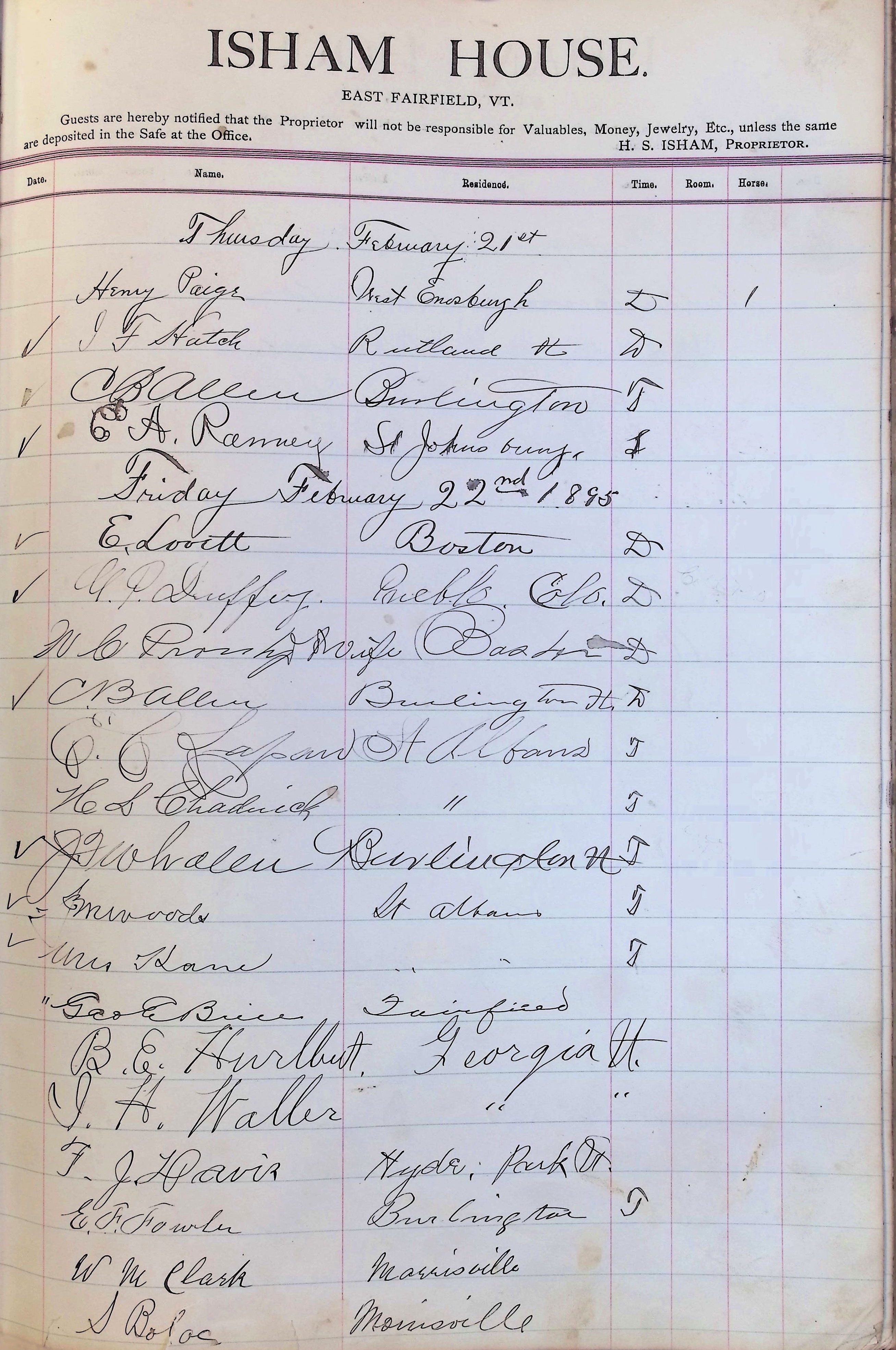 Isham Hotel register Vol. 3, Page 279