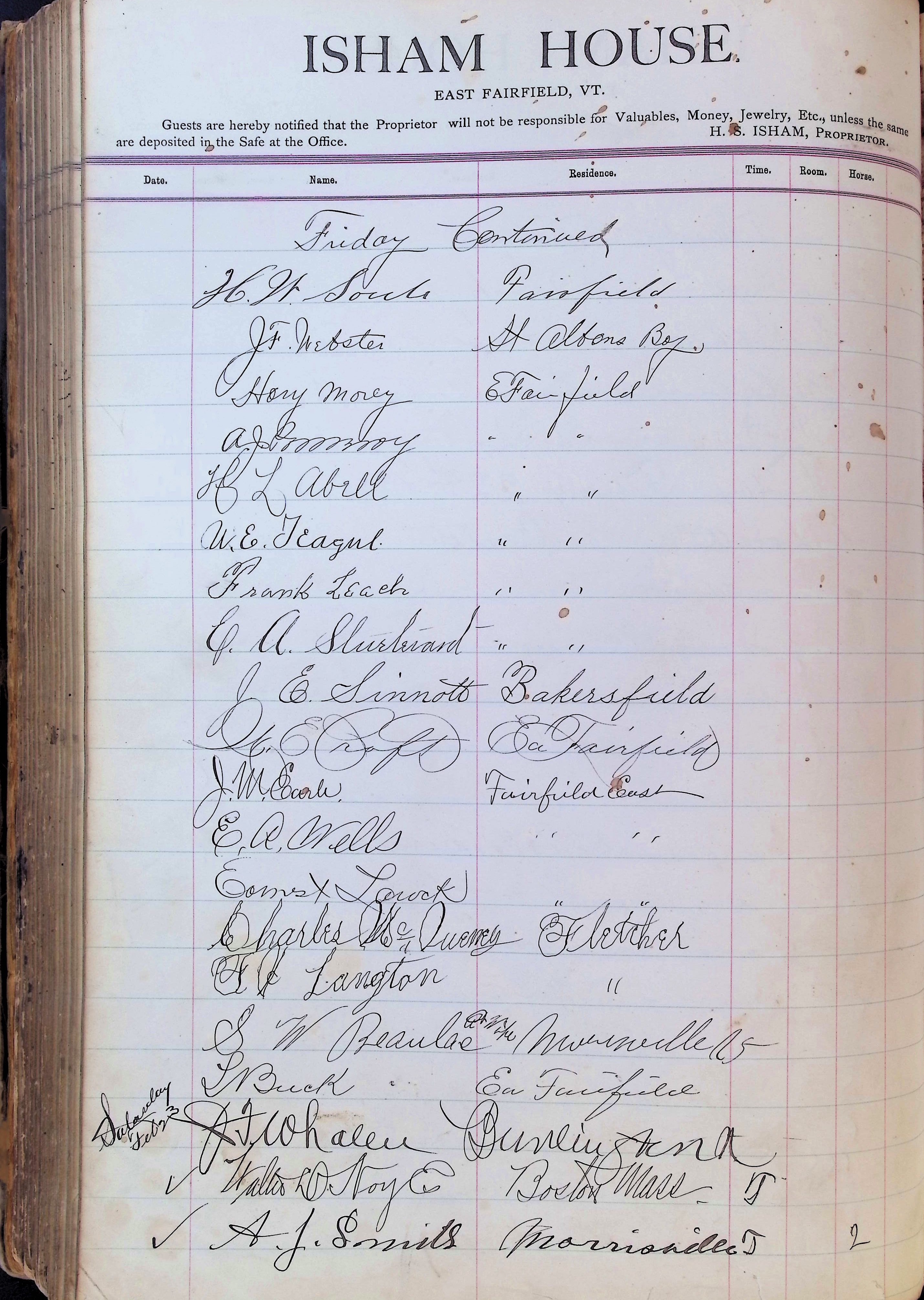 Isham Hotel register Vol. 3, Page 280