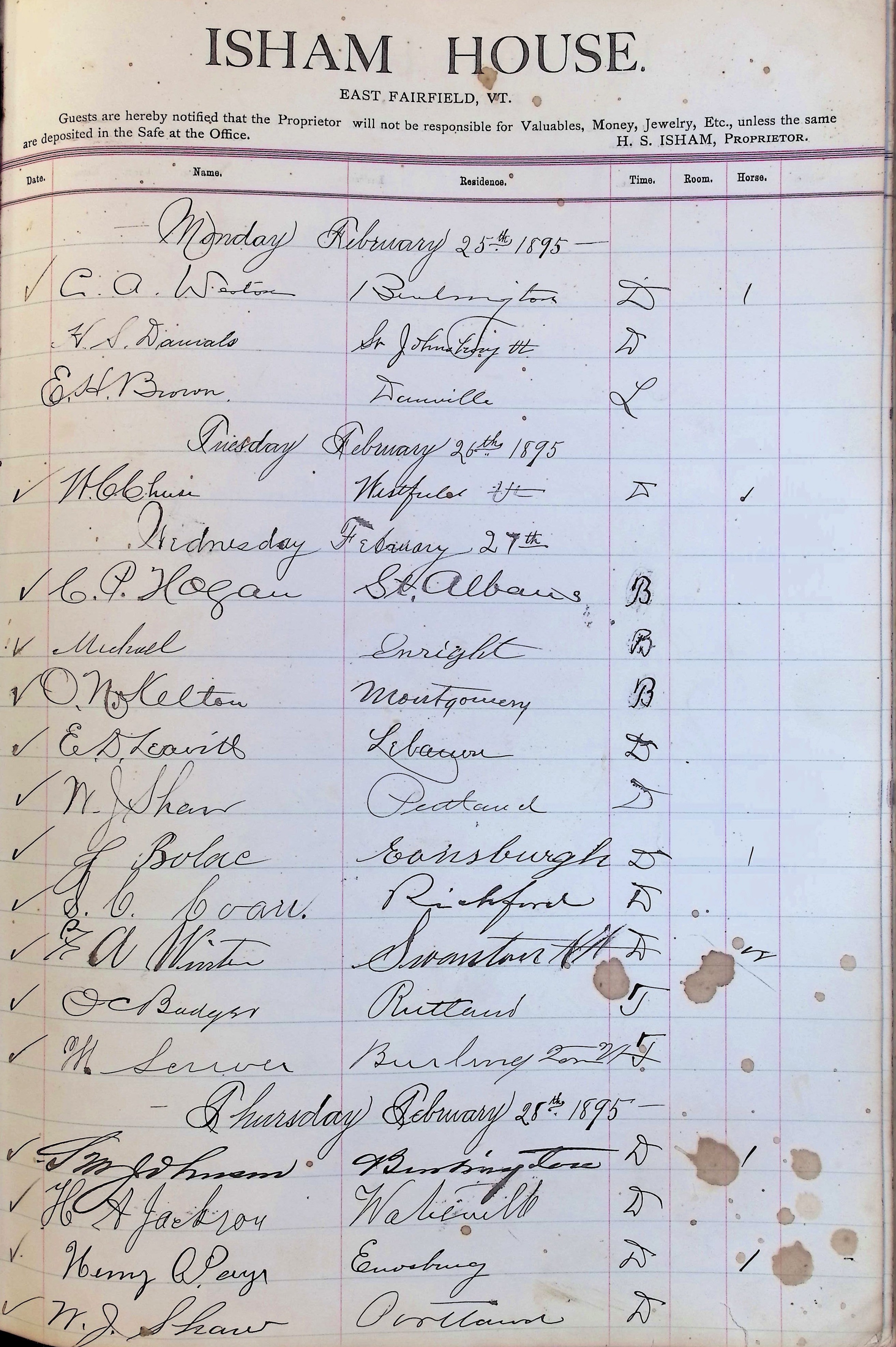 Isham Hotel register Vol. 3, Page 281