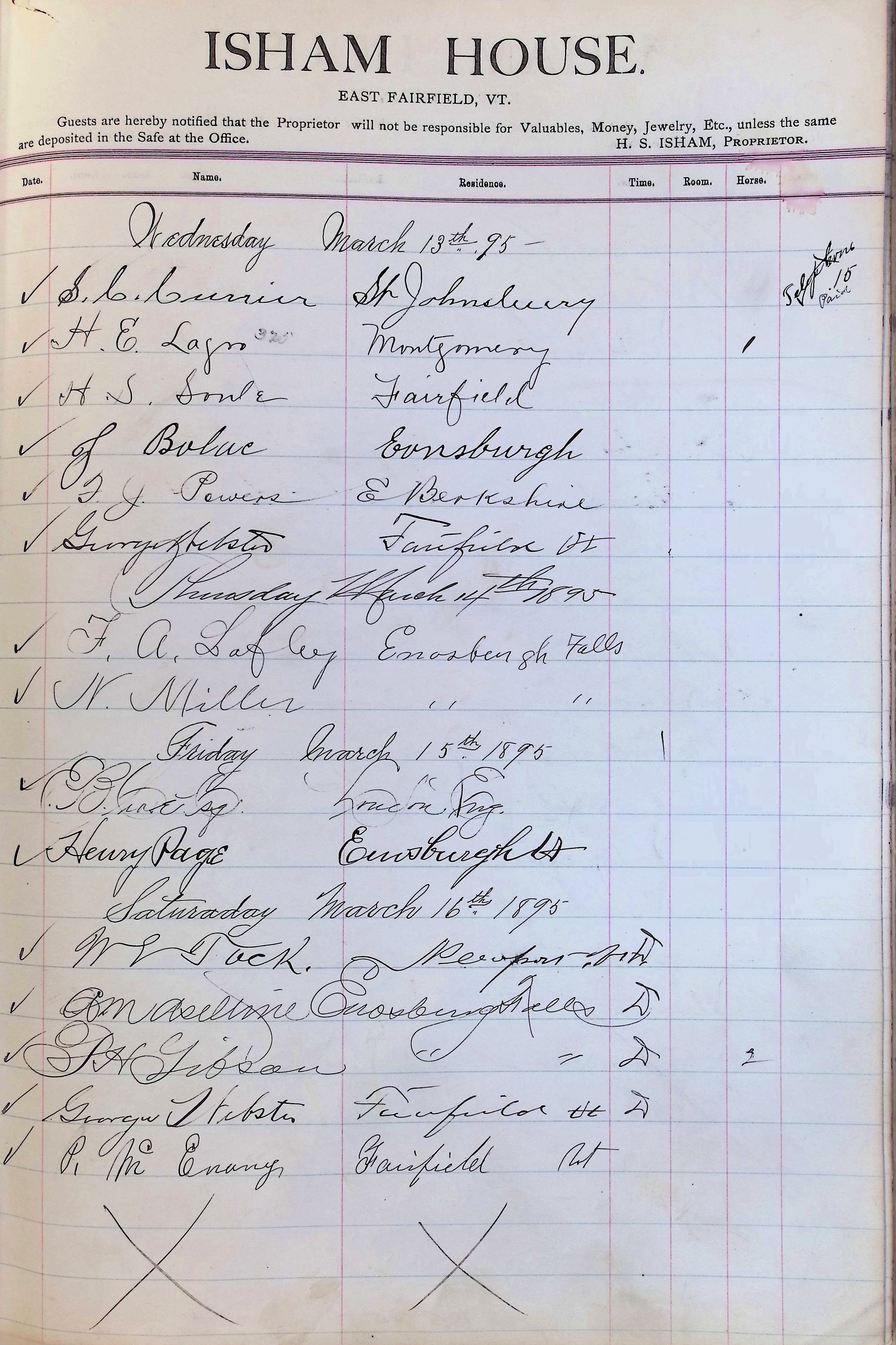 Isham Hotel register Vol. 3, Page 285