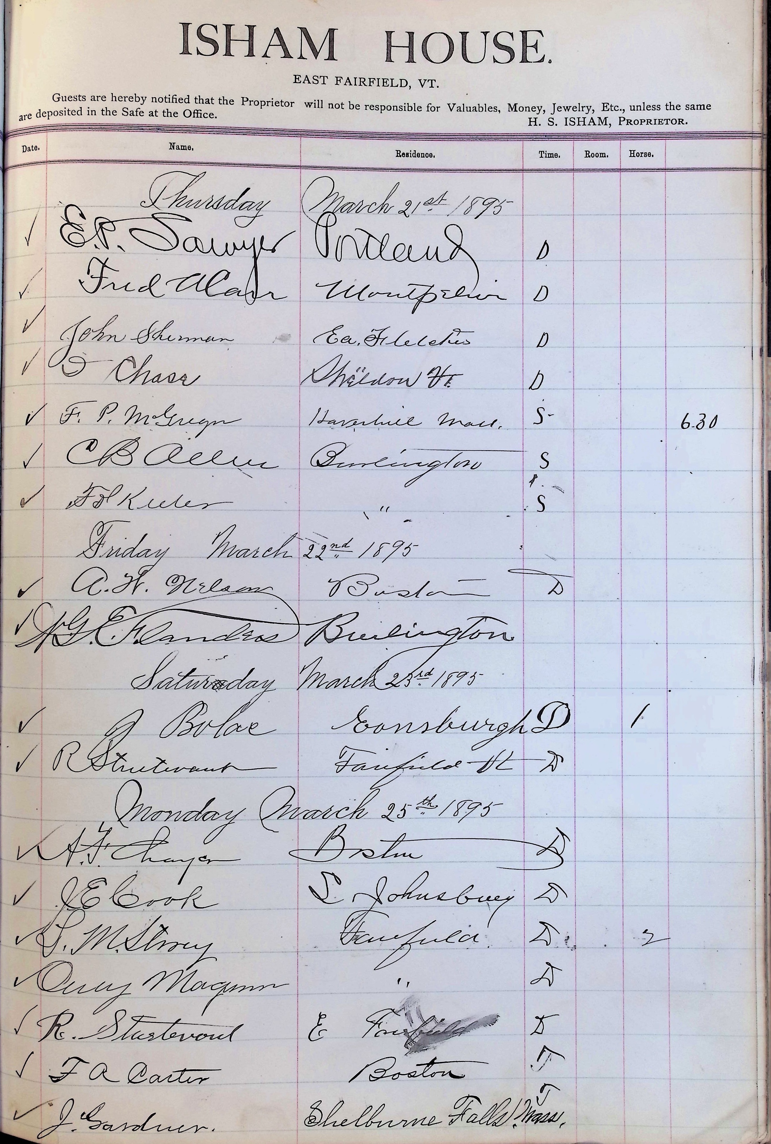 Isham Hotel register Vol. 3, Page 287