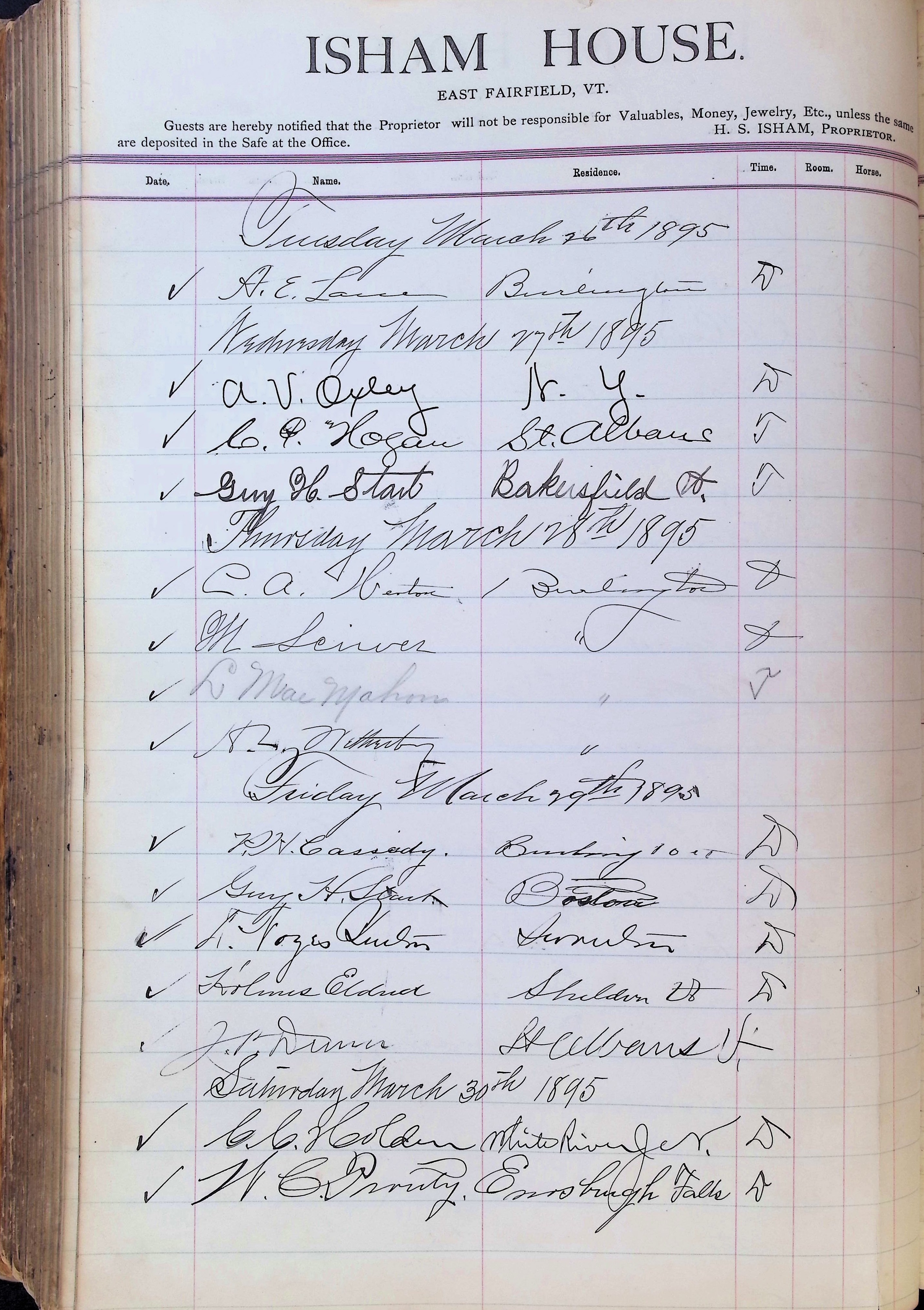 Isham Hotel register Vol. 3, Page 288