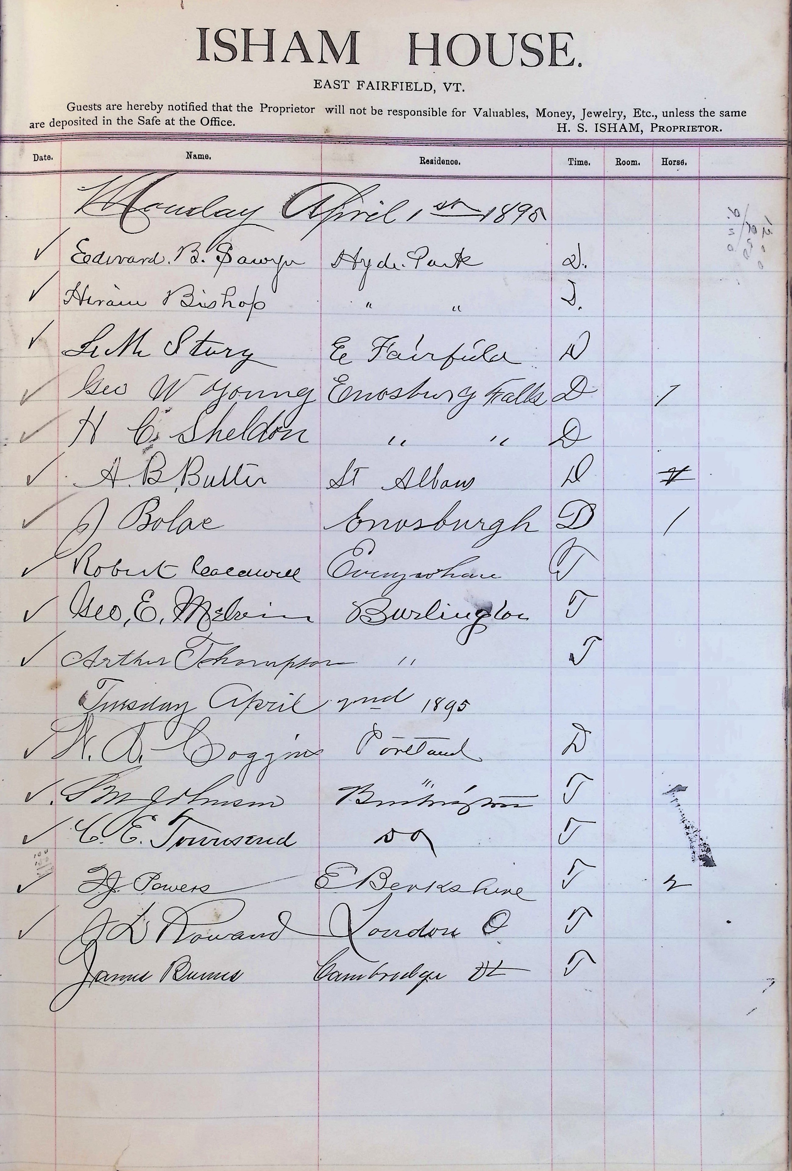 Isham Hotel register Vol. 3, Page 289