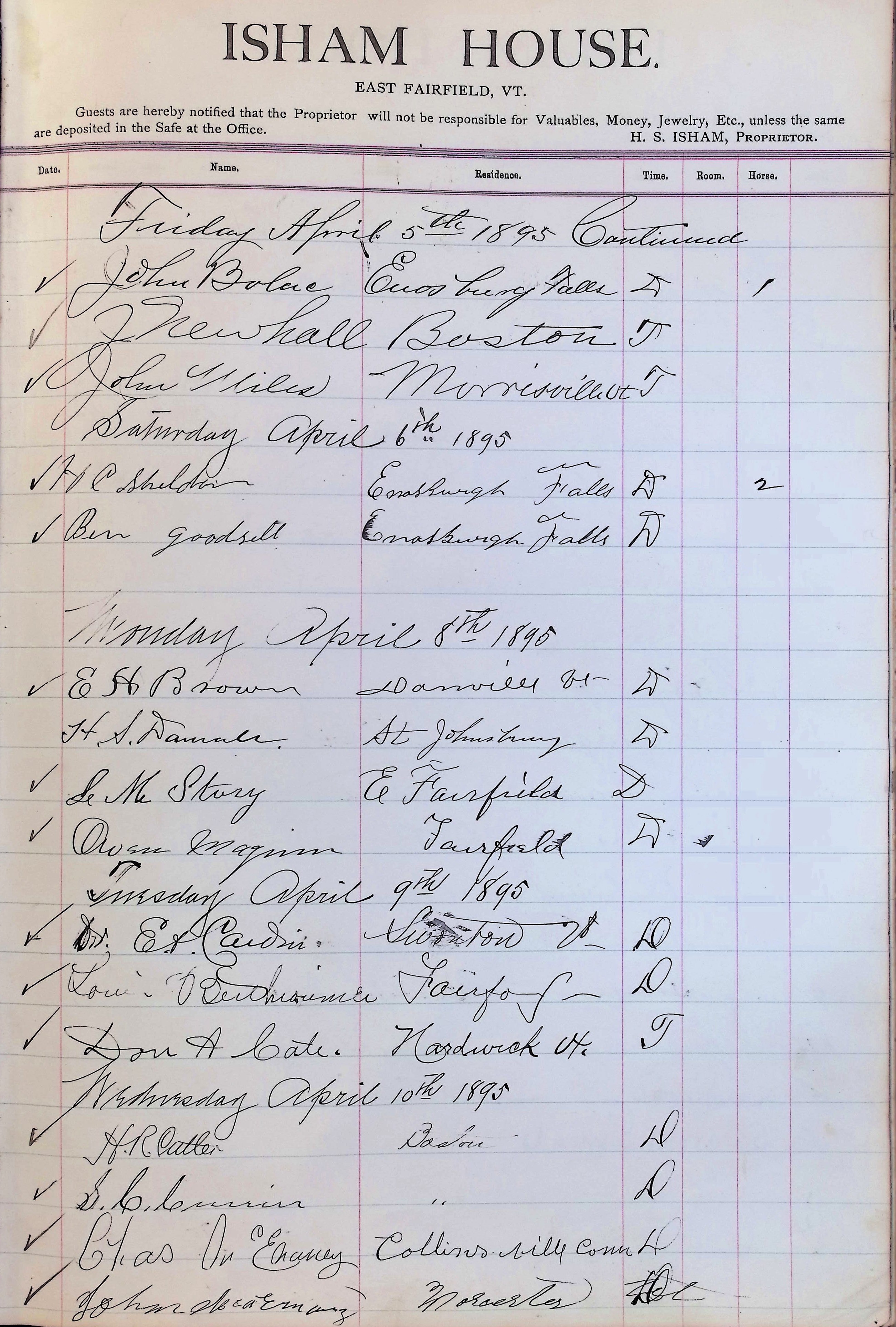 Isham Hotel register Vol. 3, Page 291
