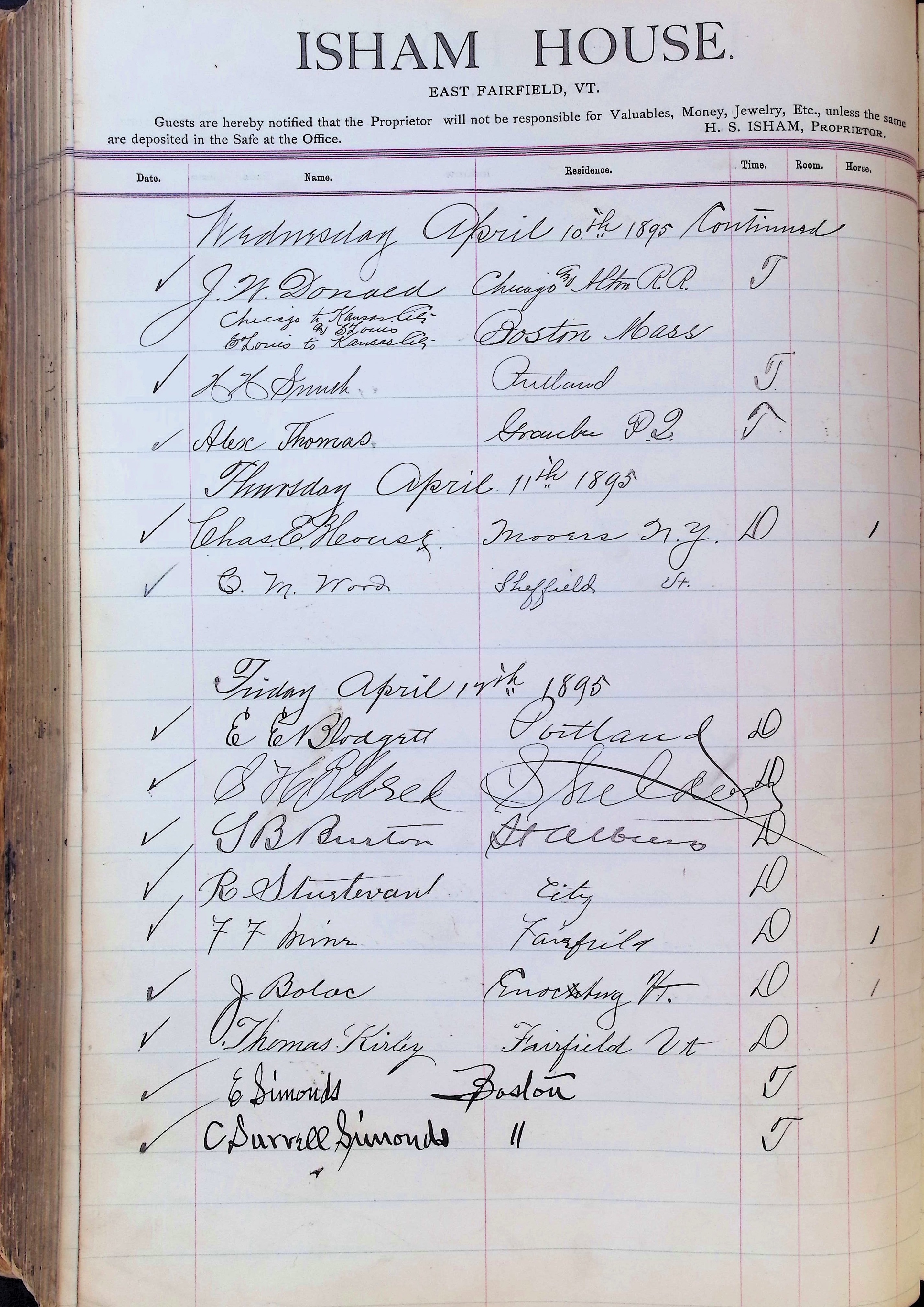 Isham Hotel register Vol. 3, Page 292