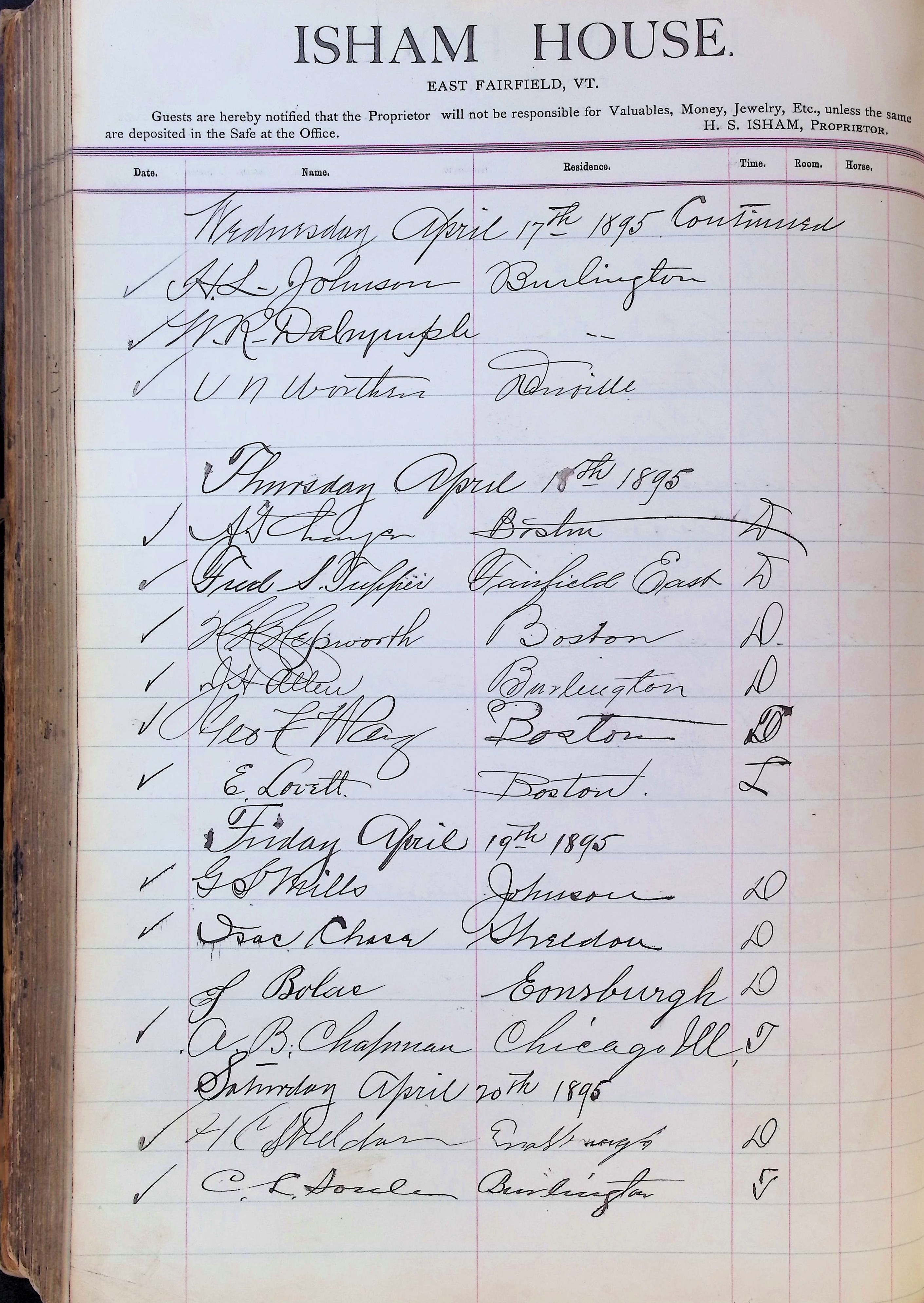 Isham Hotel register Vol. 3, Page 294