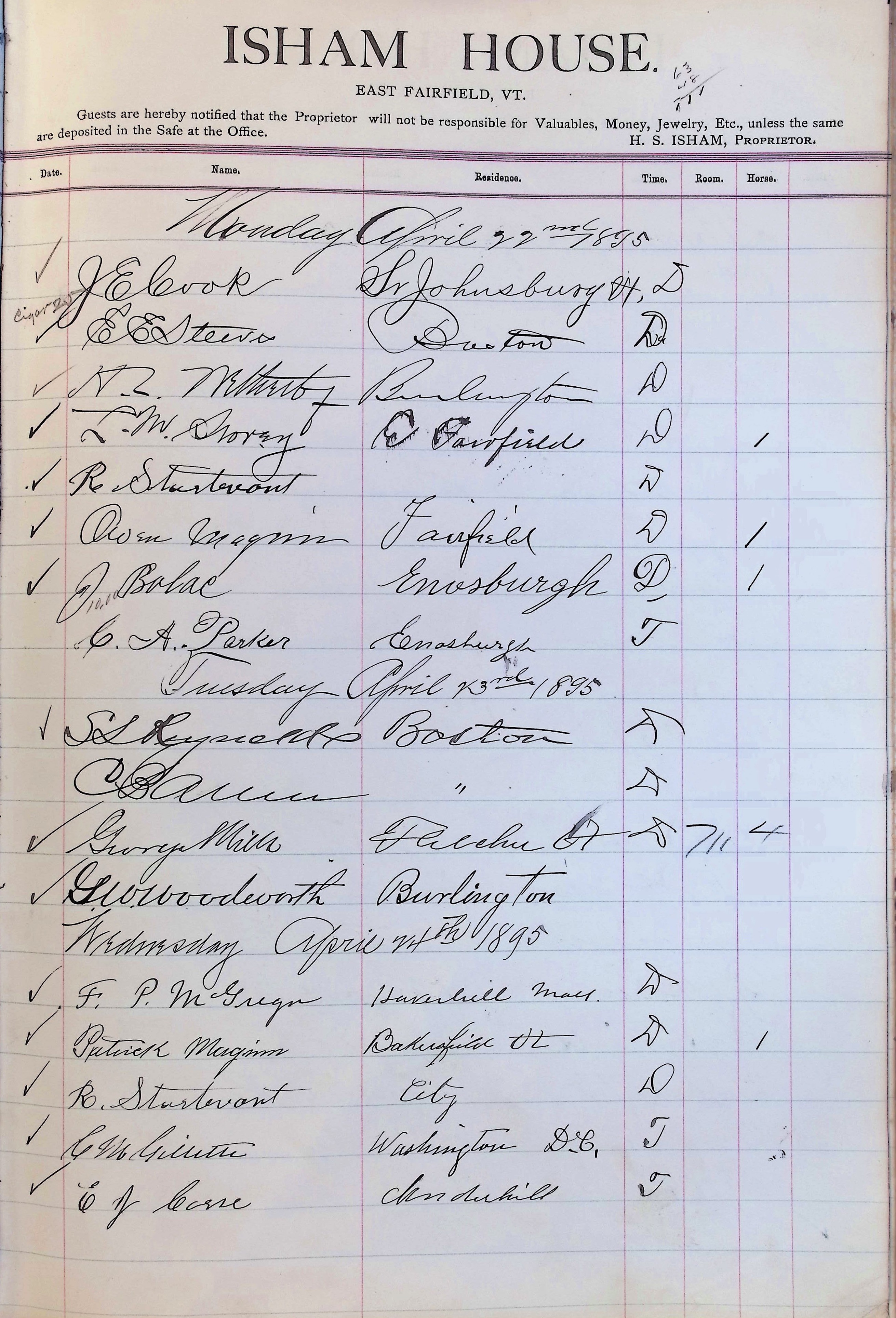 Isham Hotel register Vol. 3, Page 295