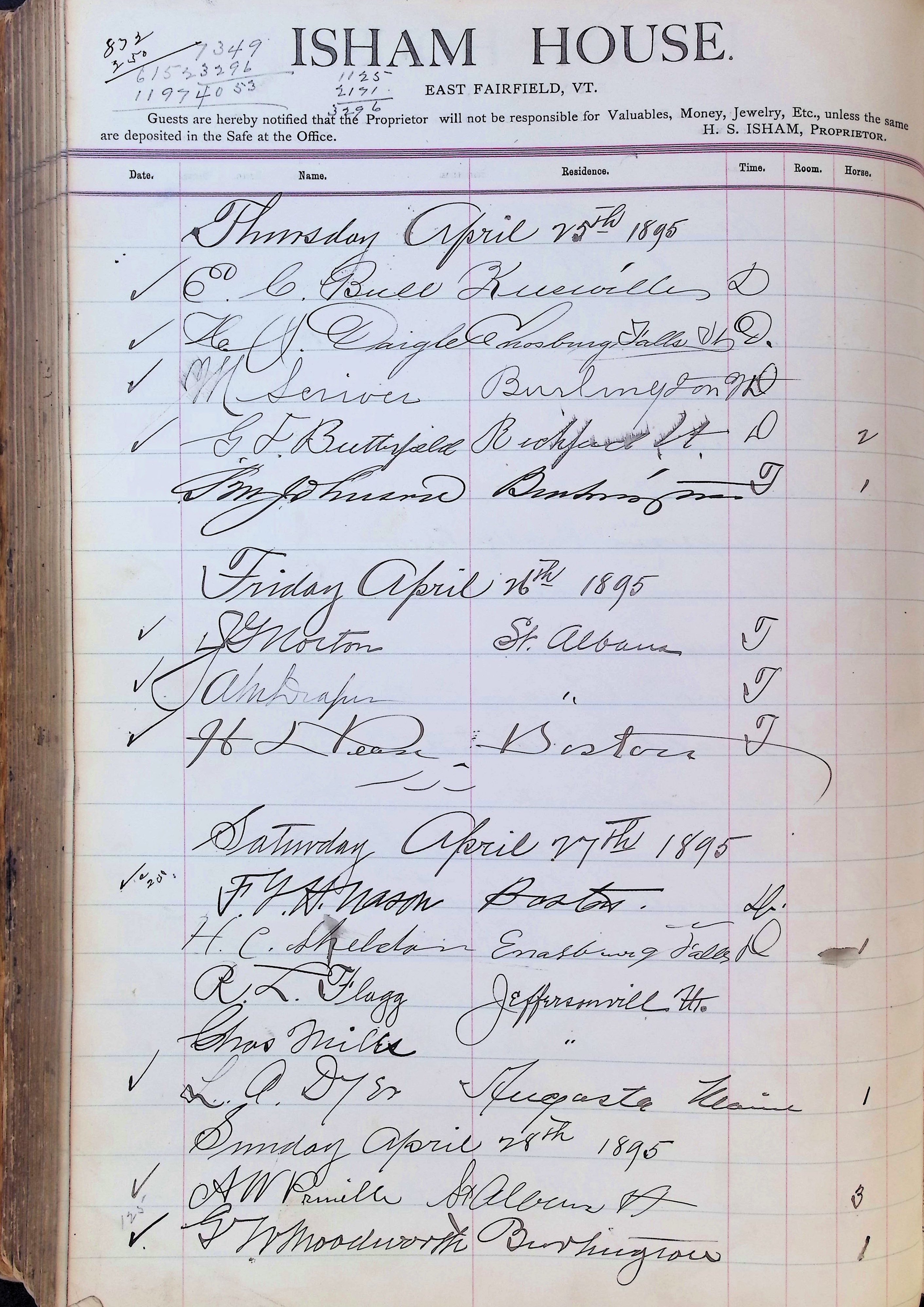 Isham Hotel register Vol. 3, Page 296