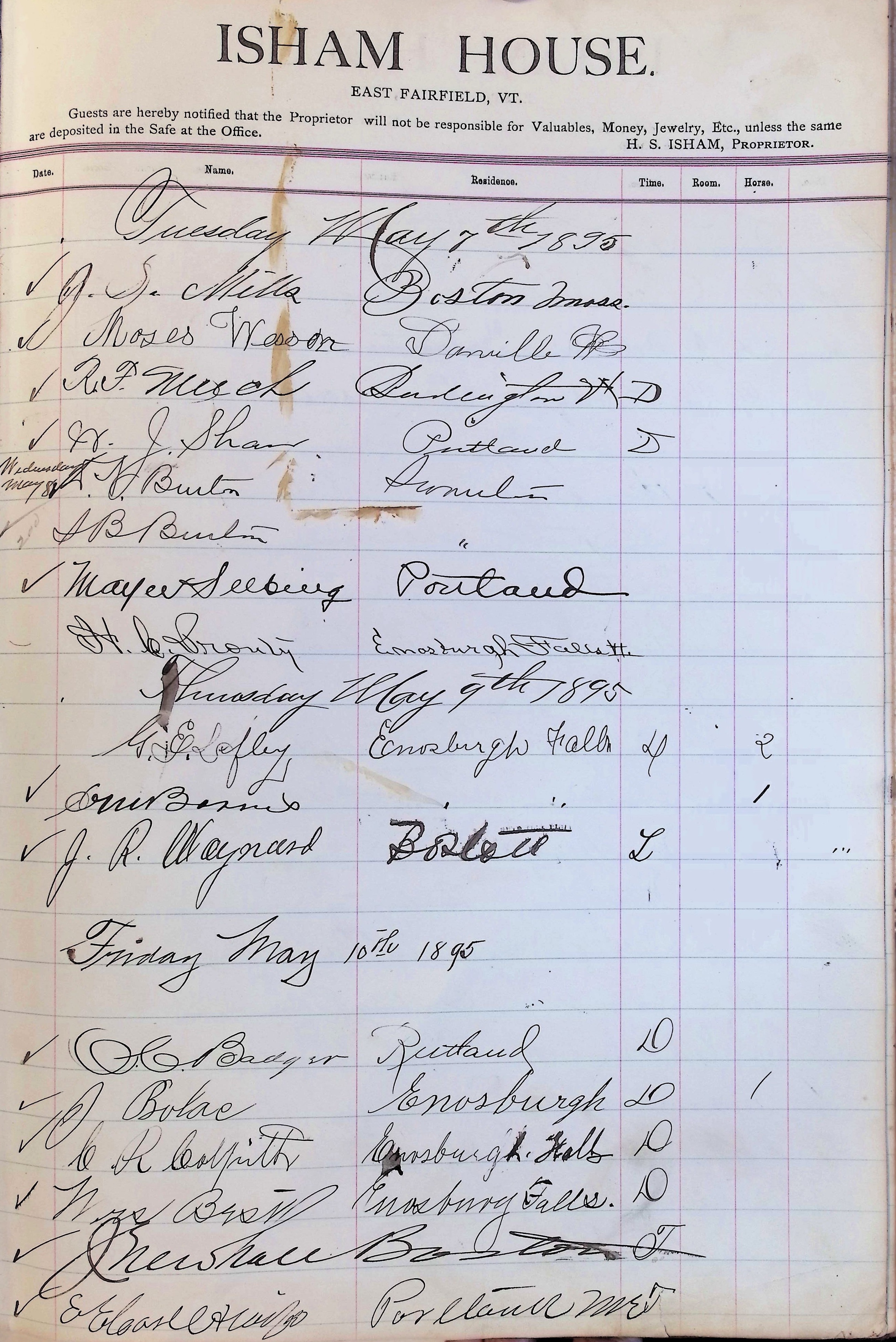 Isham Hotel register Vol. 3, Page 299