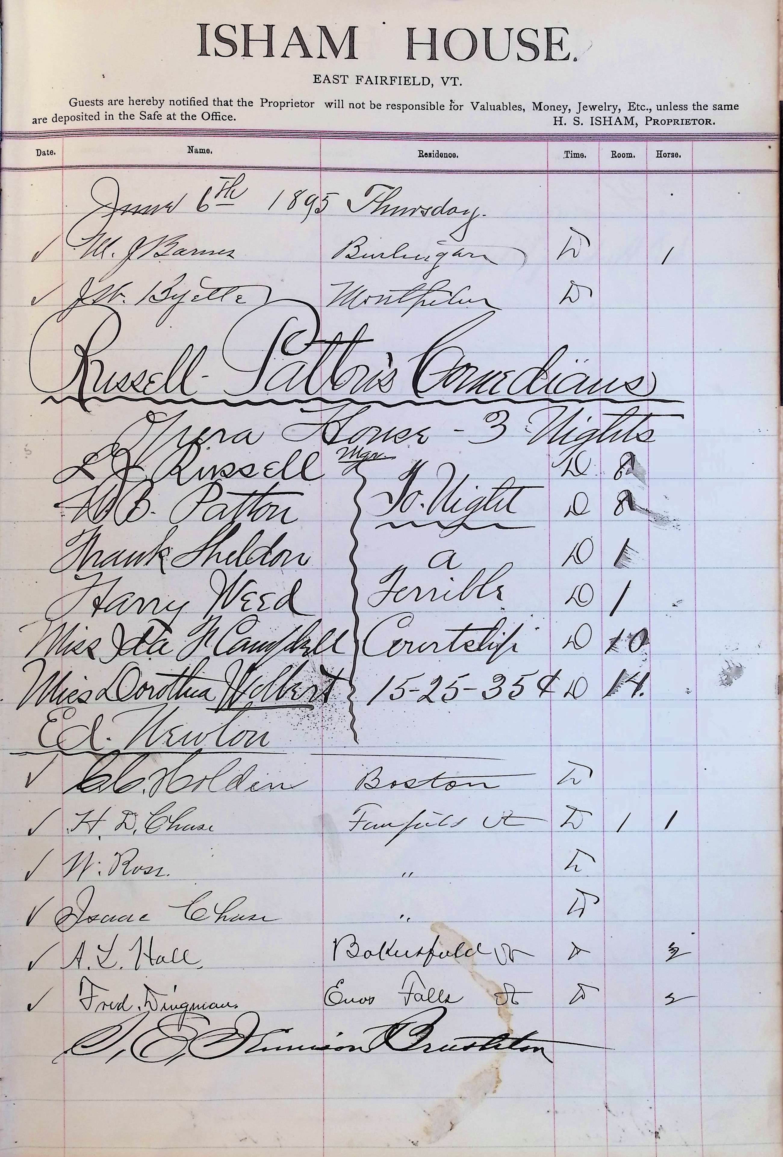 Isham Hotel register Vol. 3, Page 309