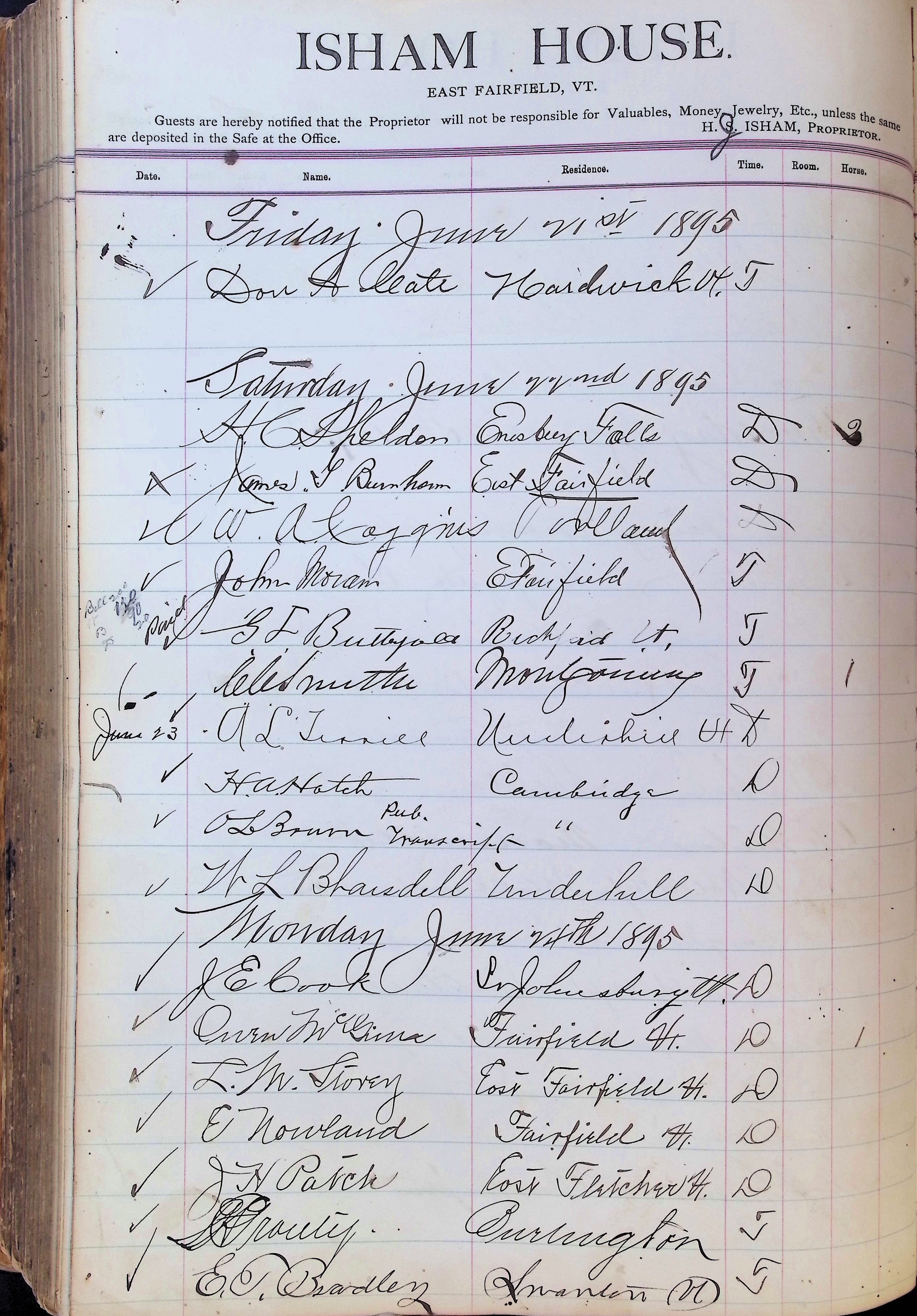 Isham Hotel register Vol. 3, Page 314