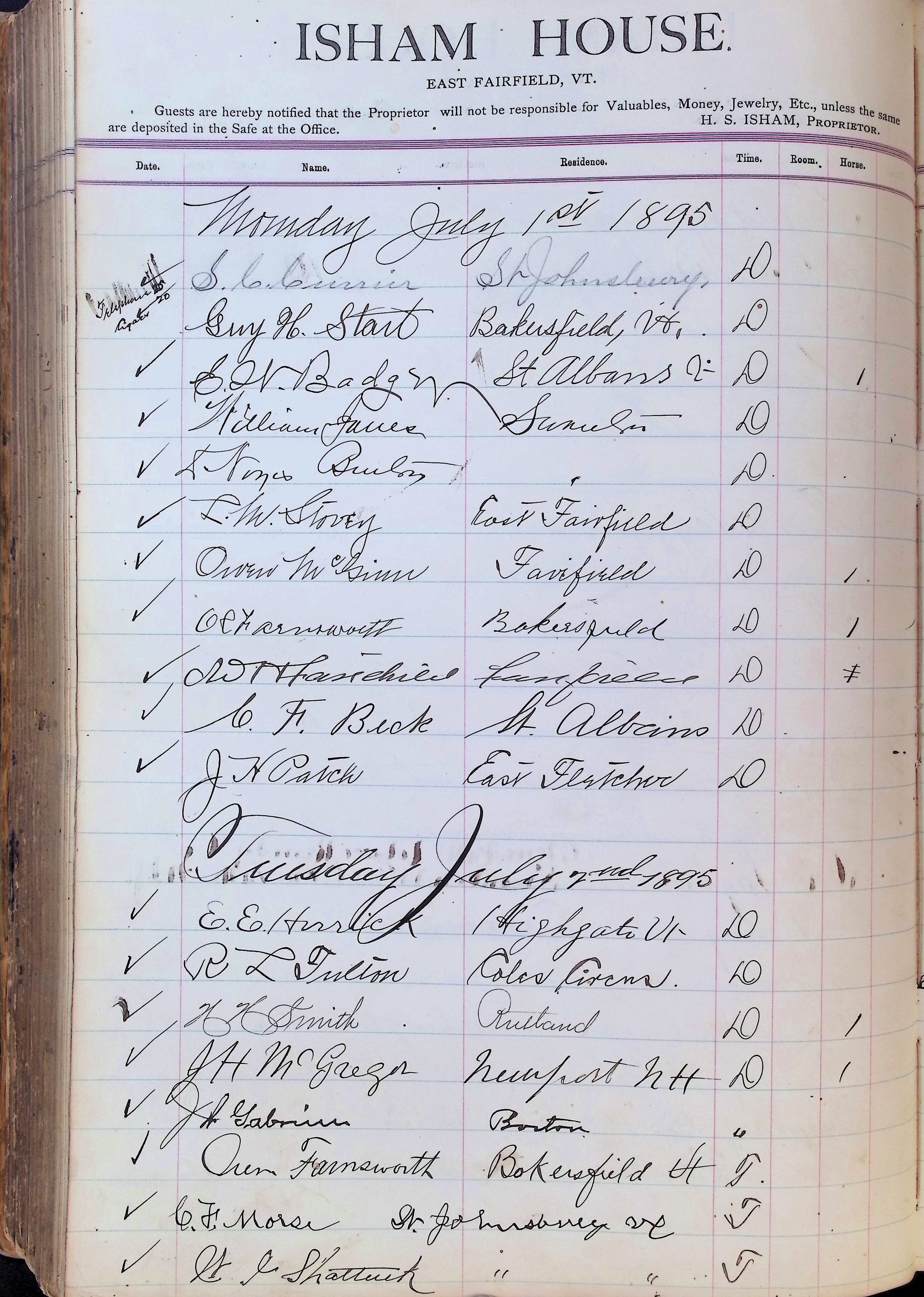 Isham Hotel register Vol. 3, Page 316