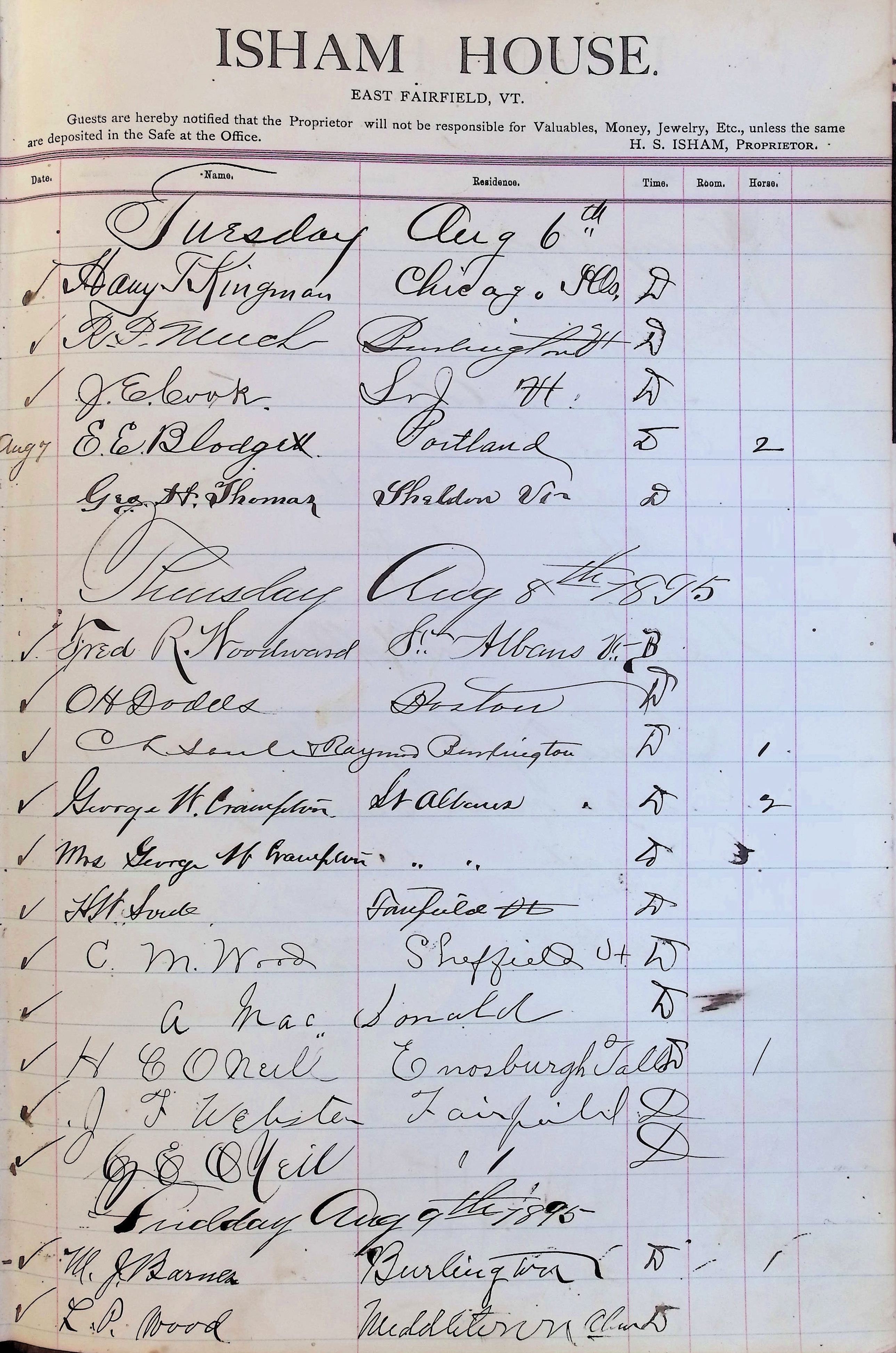 Isham Hotel register Vol. 3, Page 325