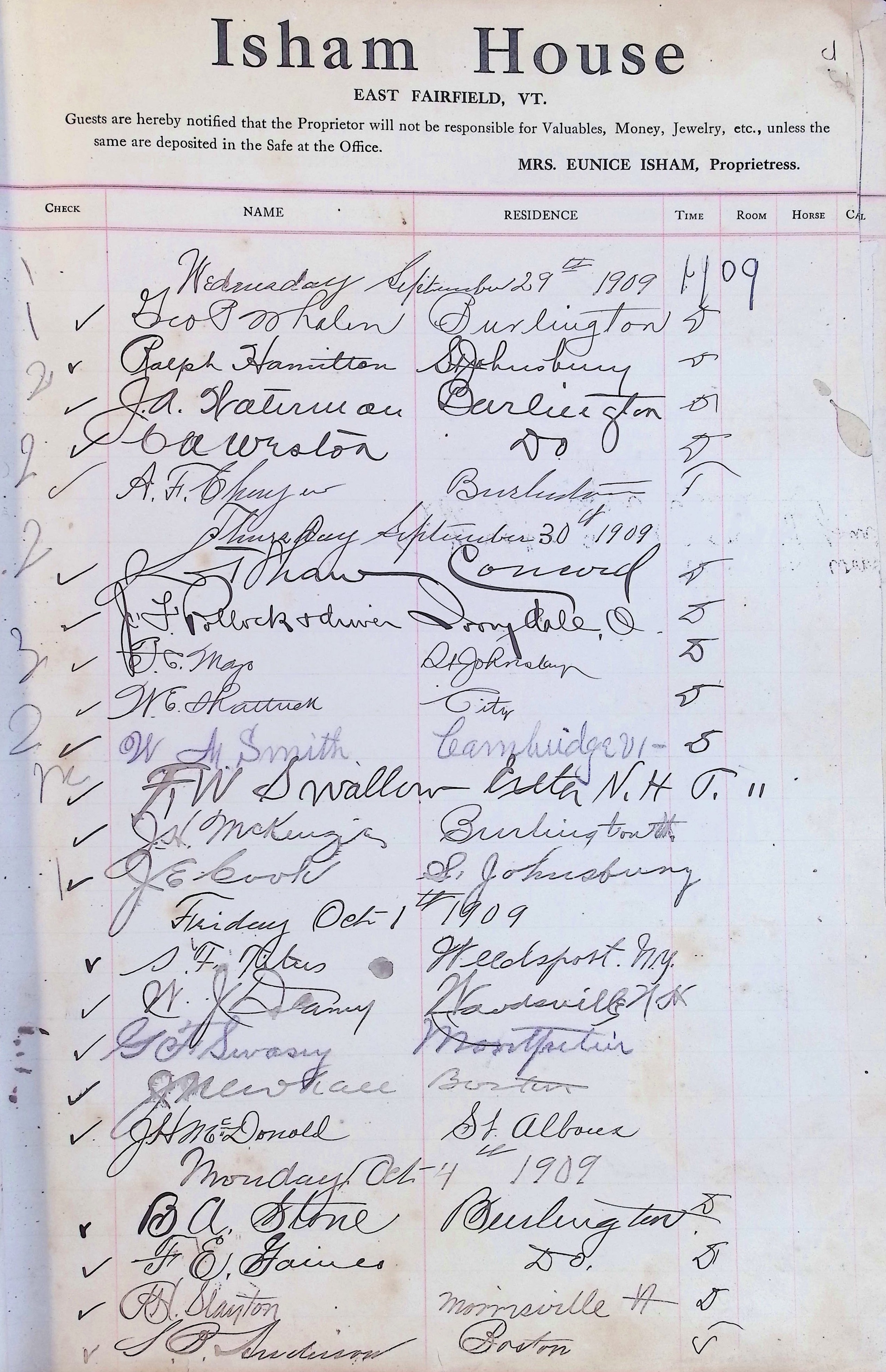Isham Hotel register Vol. 4, Page 13