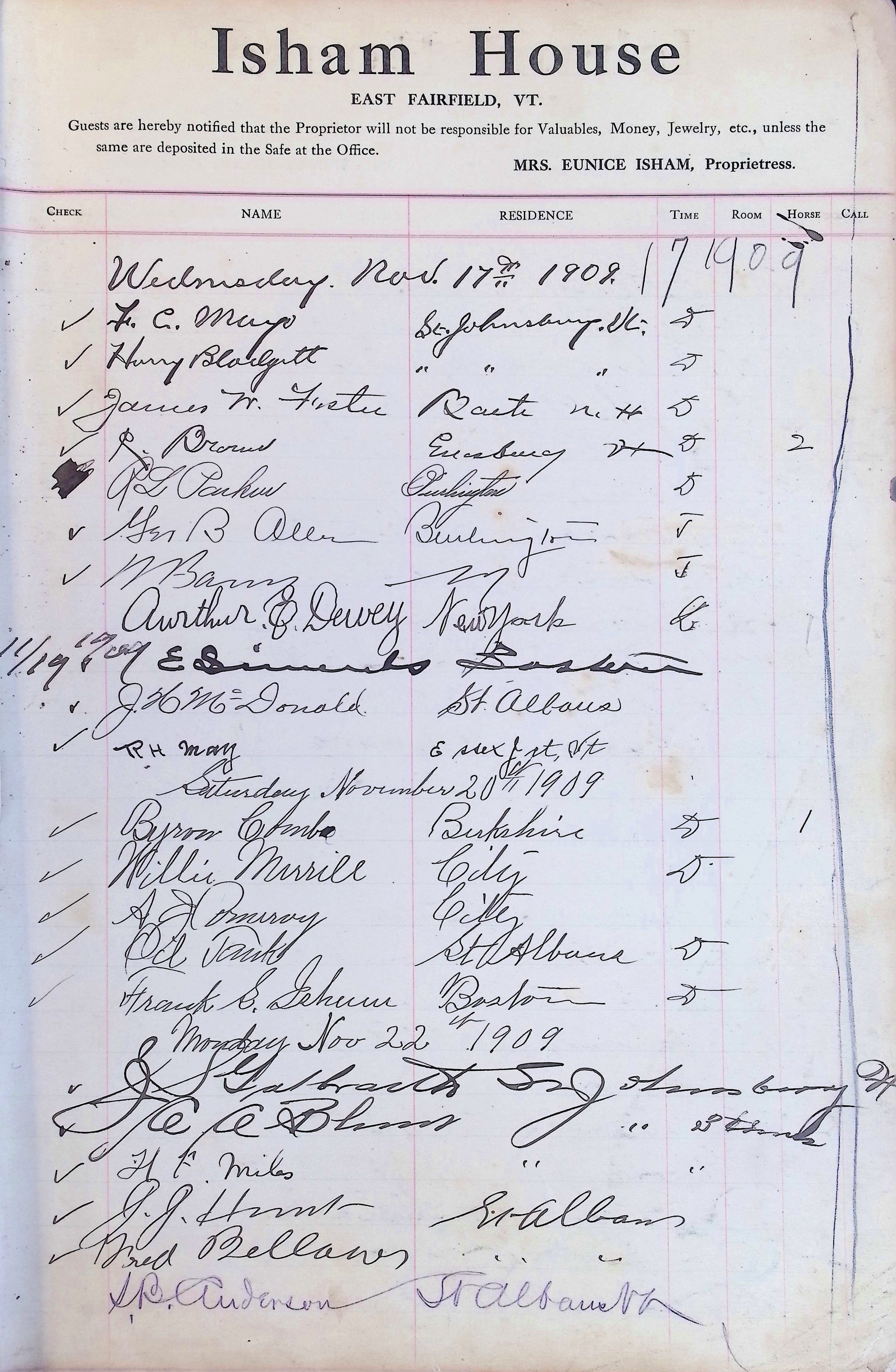 Isham Hotel register Vol. 4, Page 21