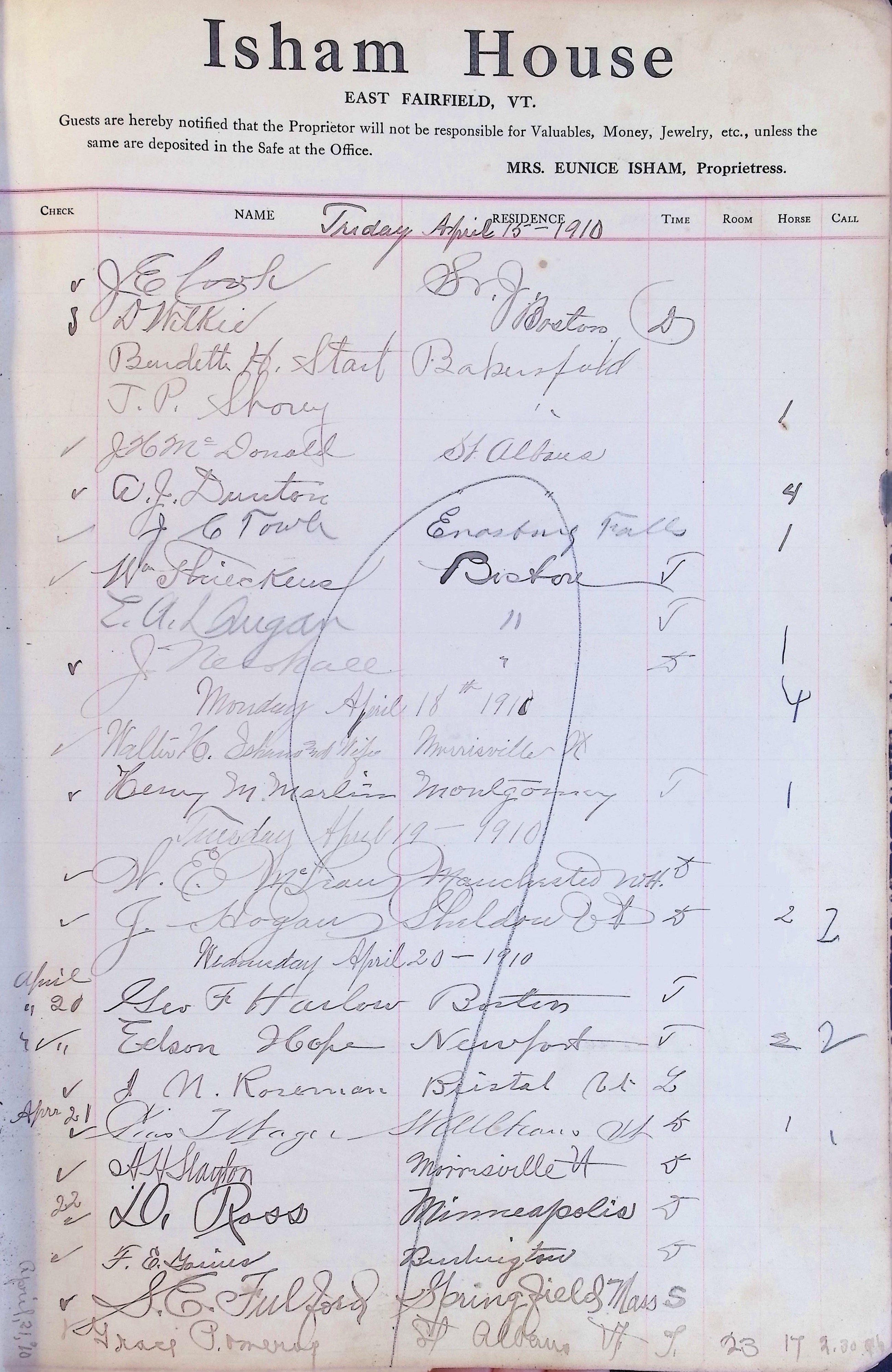 Isham Hotel register Vol. 4, Page 43