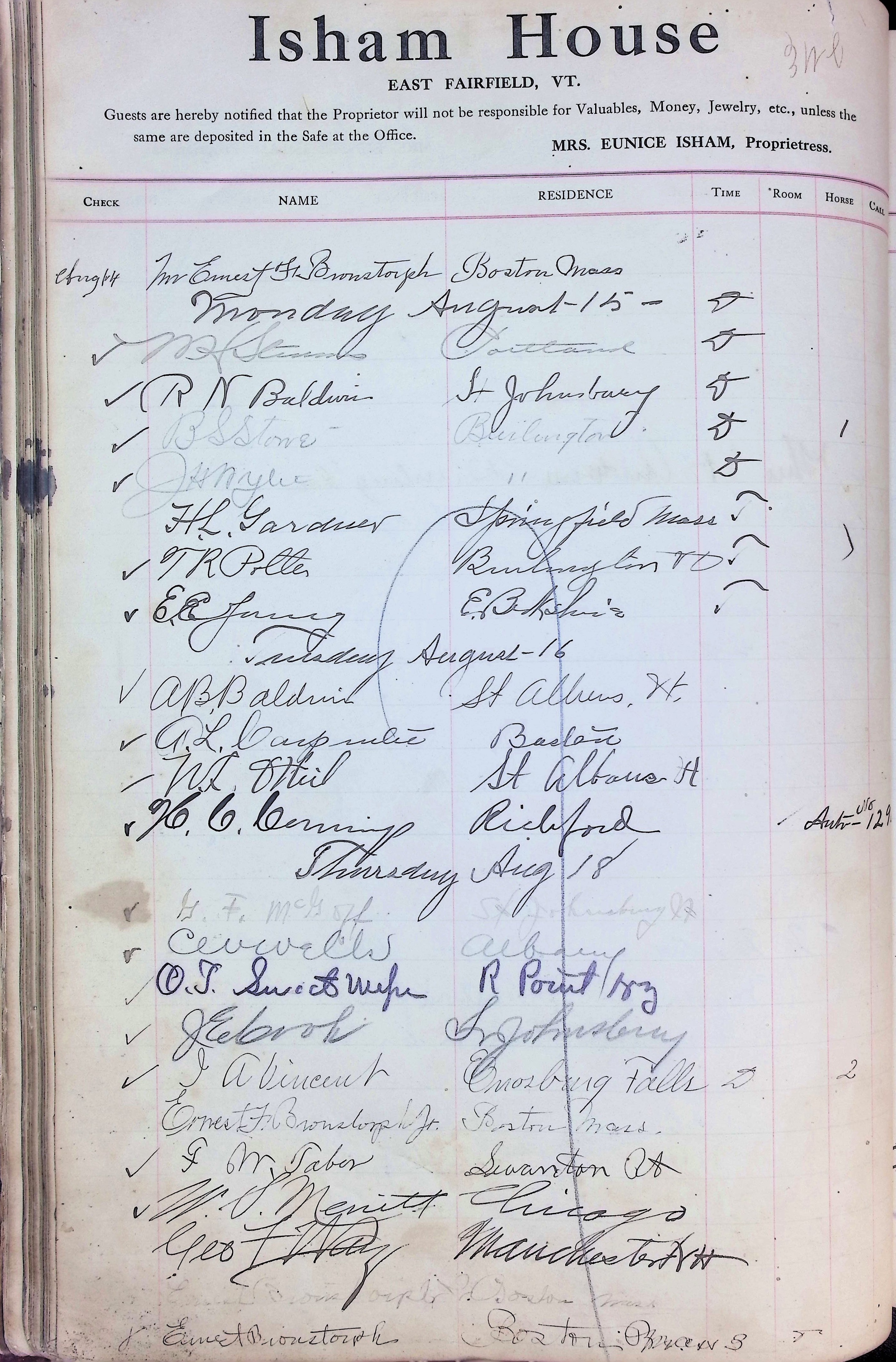 Isham Hotel register Vol. 4, Page 62