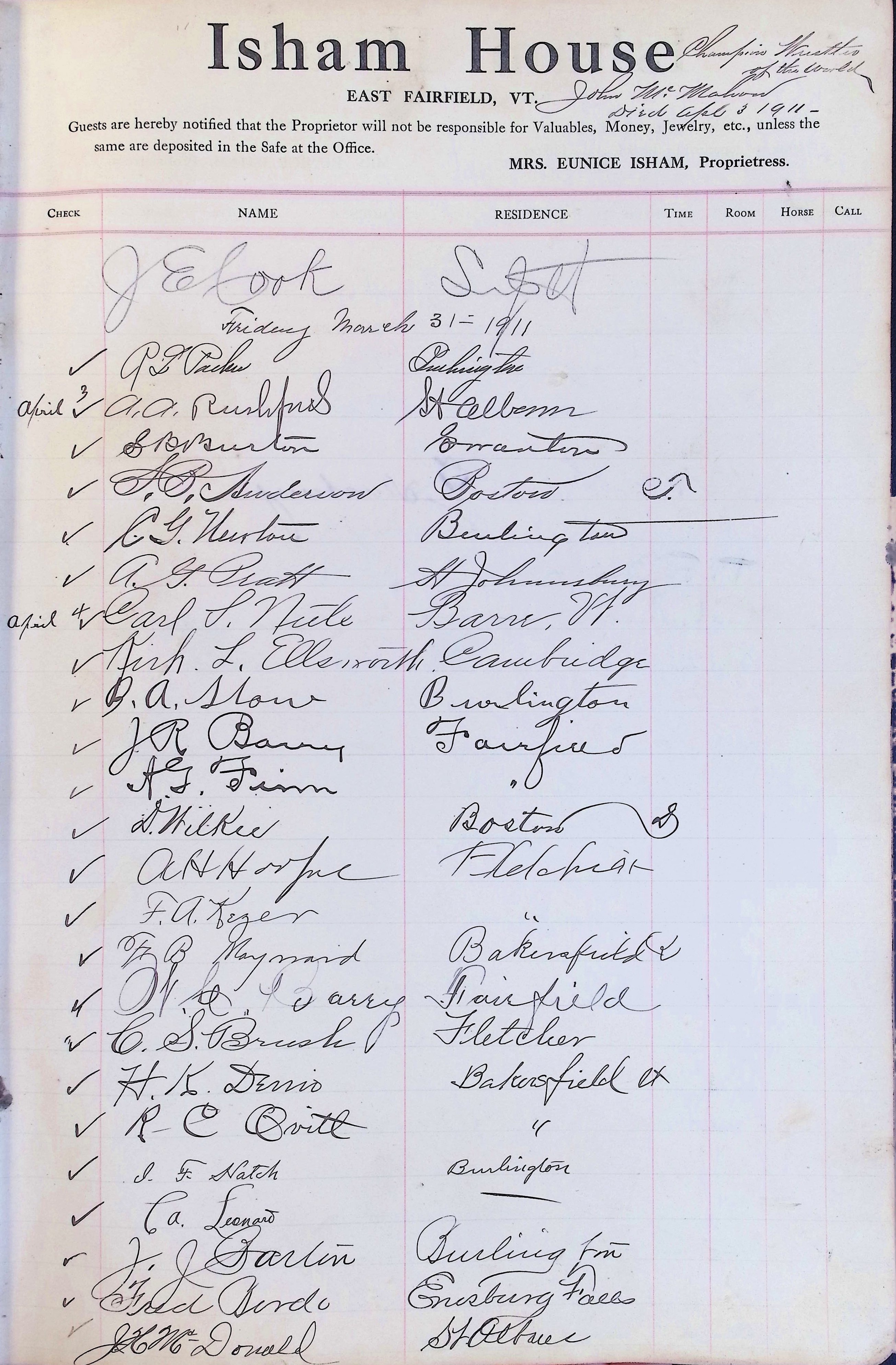 Isham Hotel register Vol. 4, Page 87