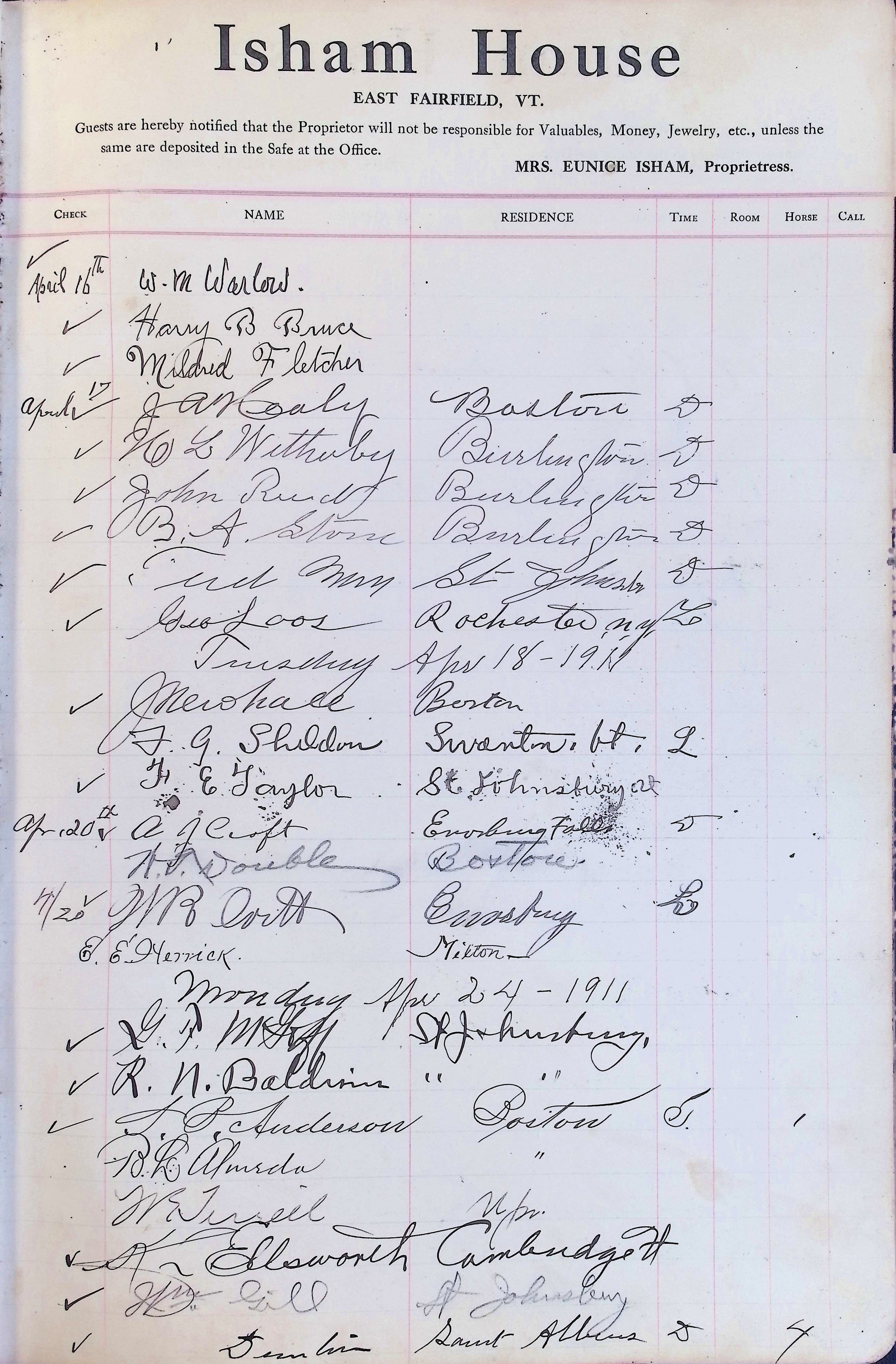 Isham Hotel register Vol. 4, Page 89