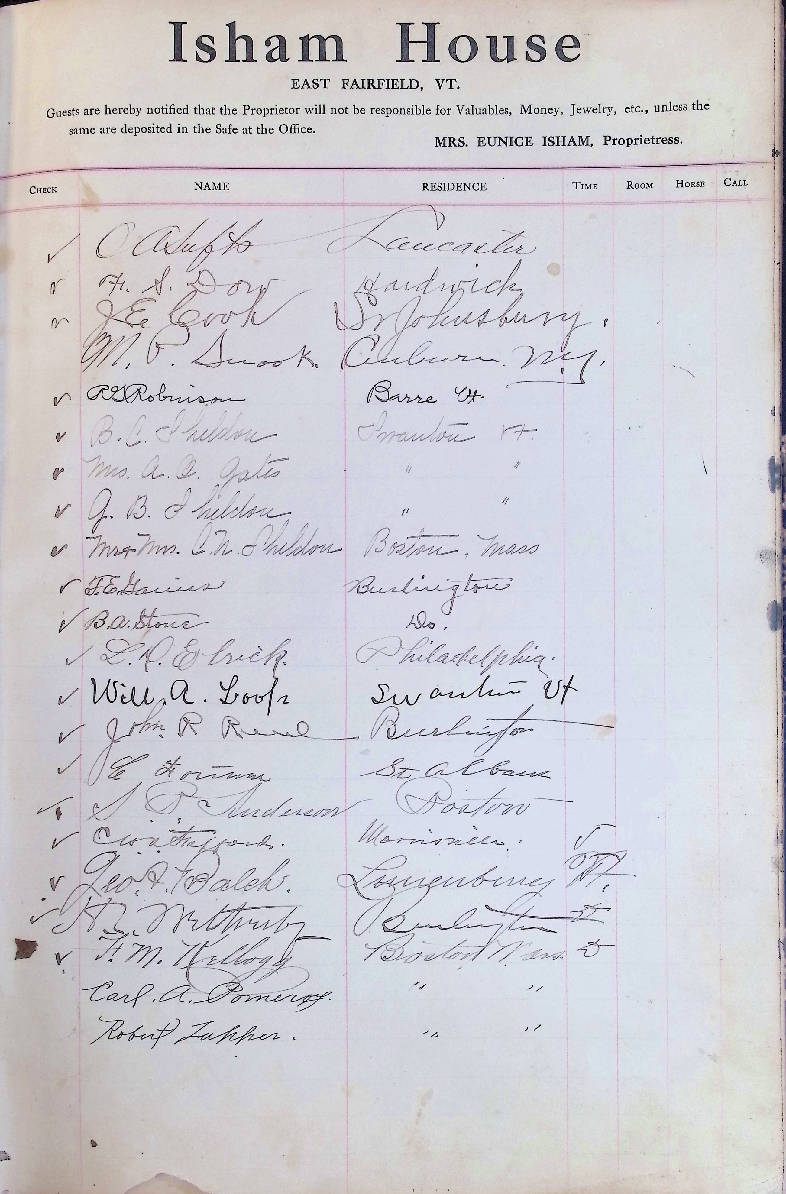 Isham Hotel register Vol. 4, Page 121