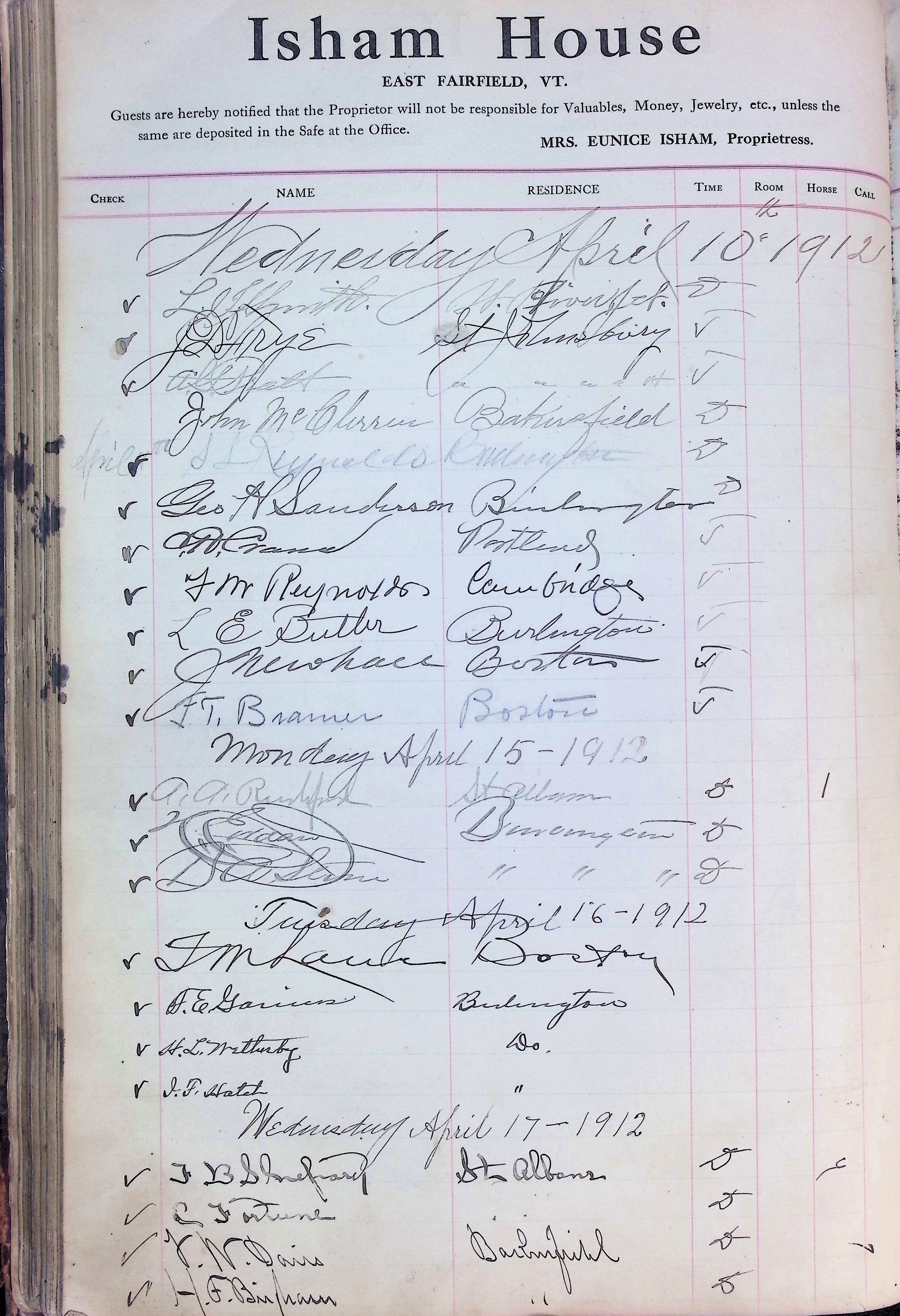 Isham Hotel register Vol. 4, Page 135