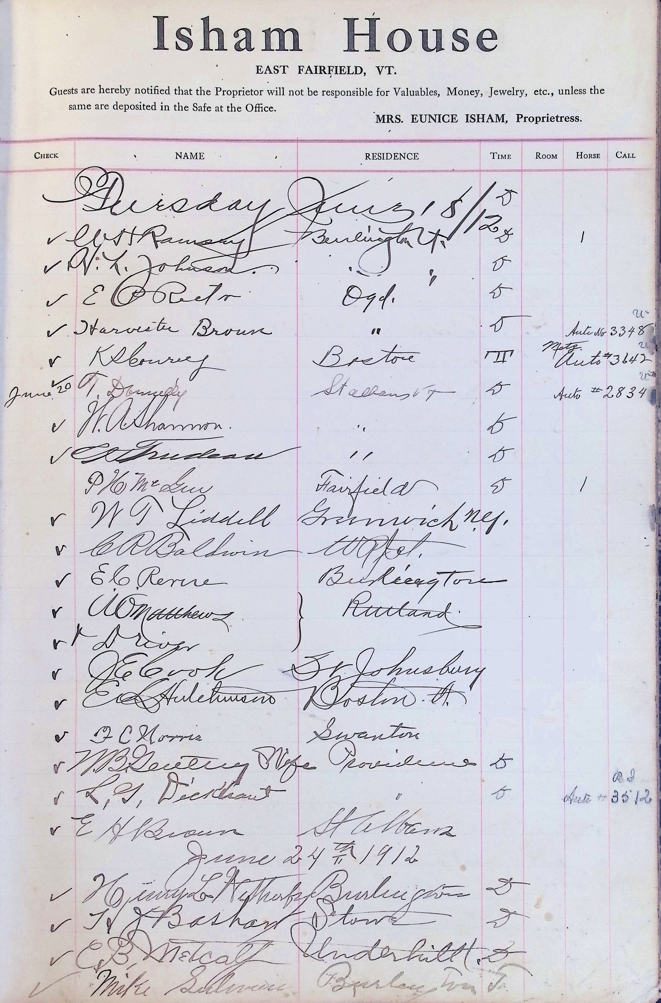 Isham Hotel register Vol. 4, Page 142