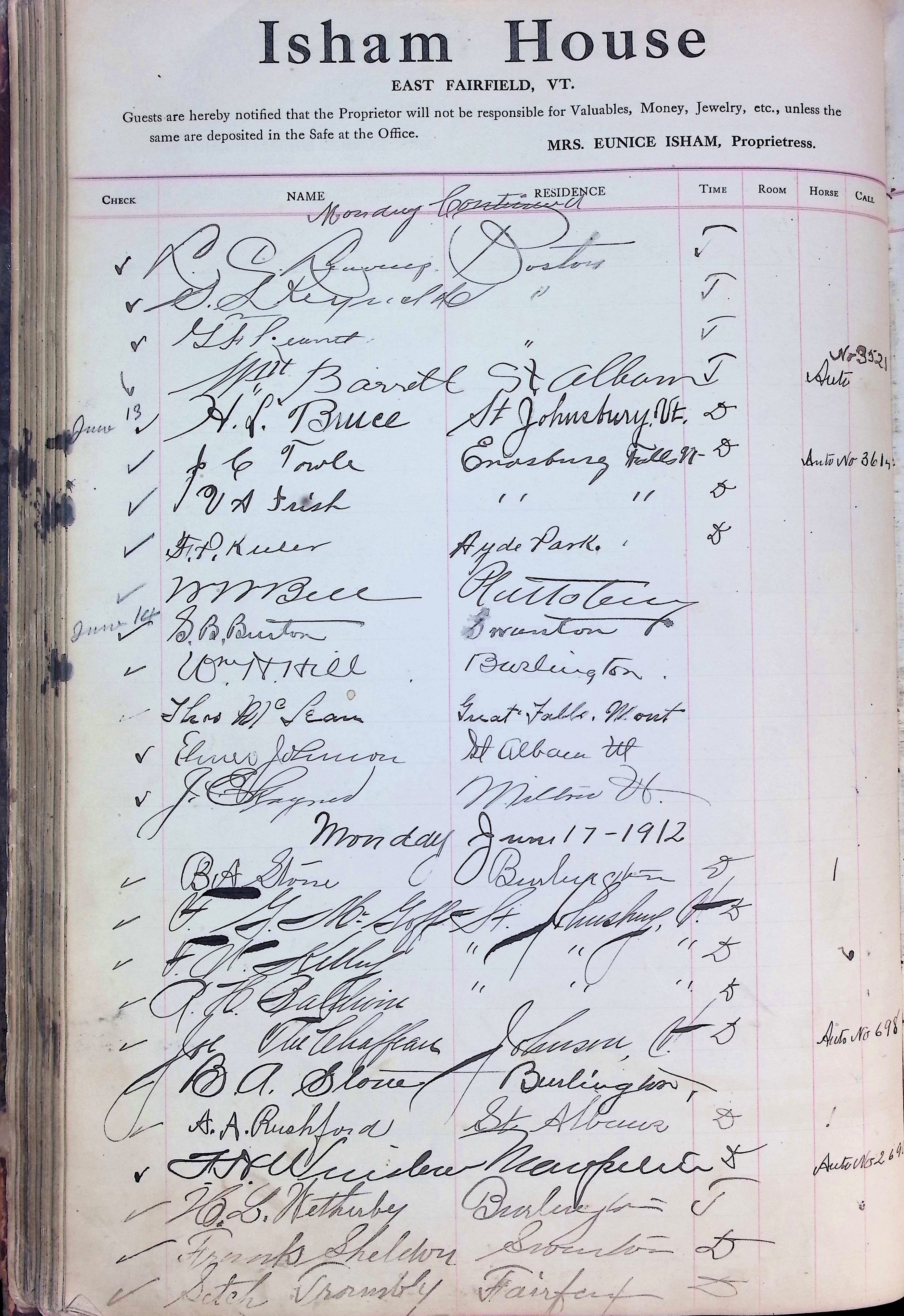 Isham Hotel register Vol. 4, Page 143