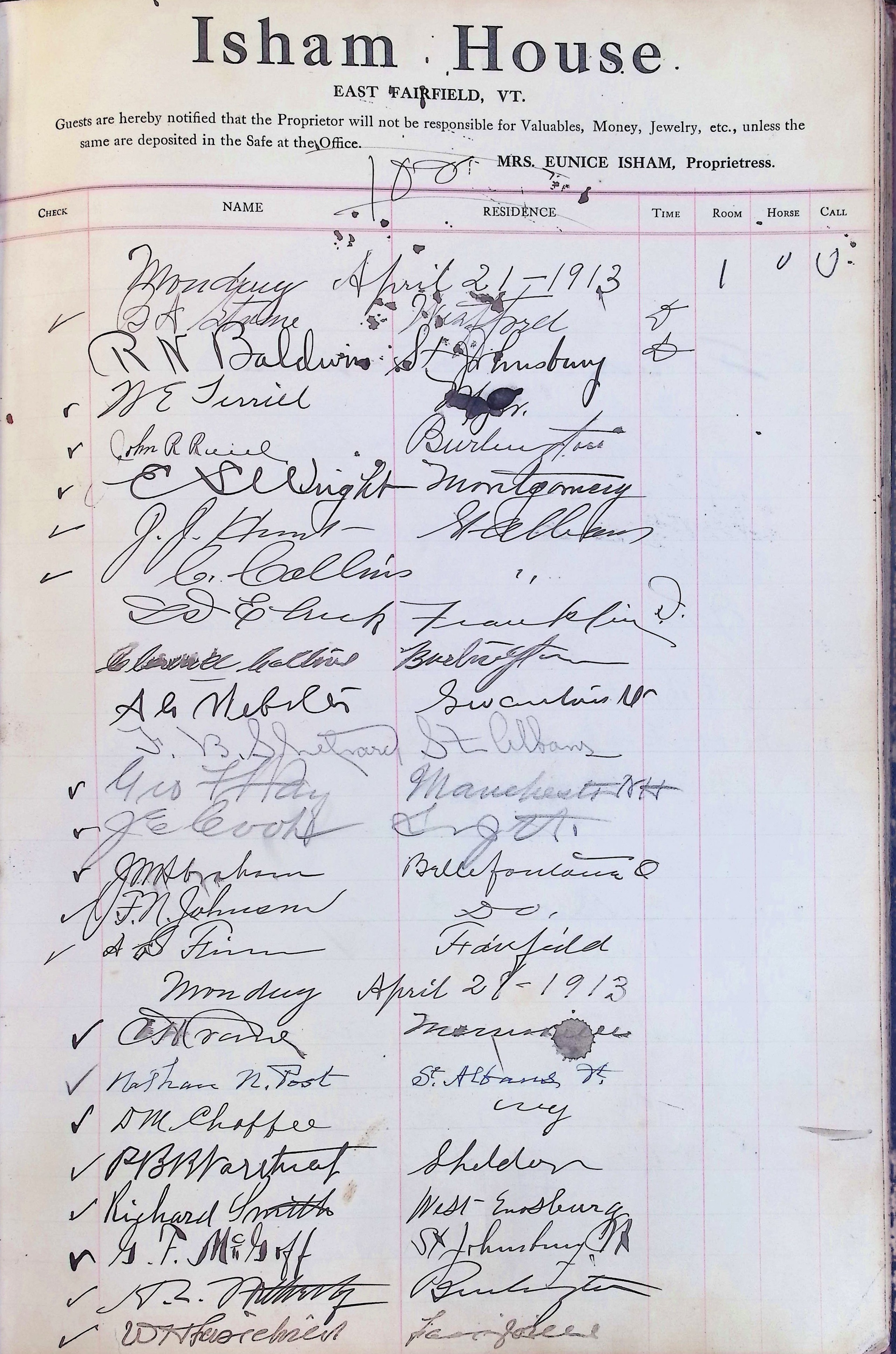 Isham Hotel register Vol. 4, Page 178