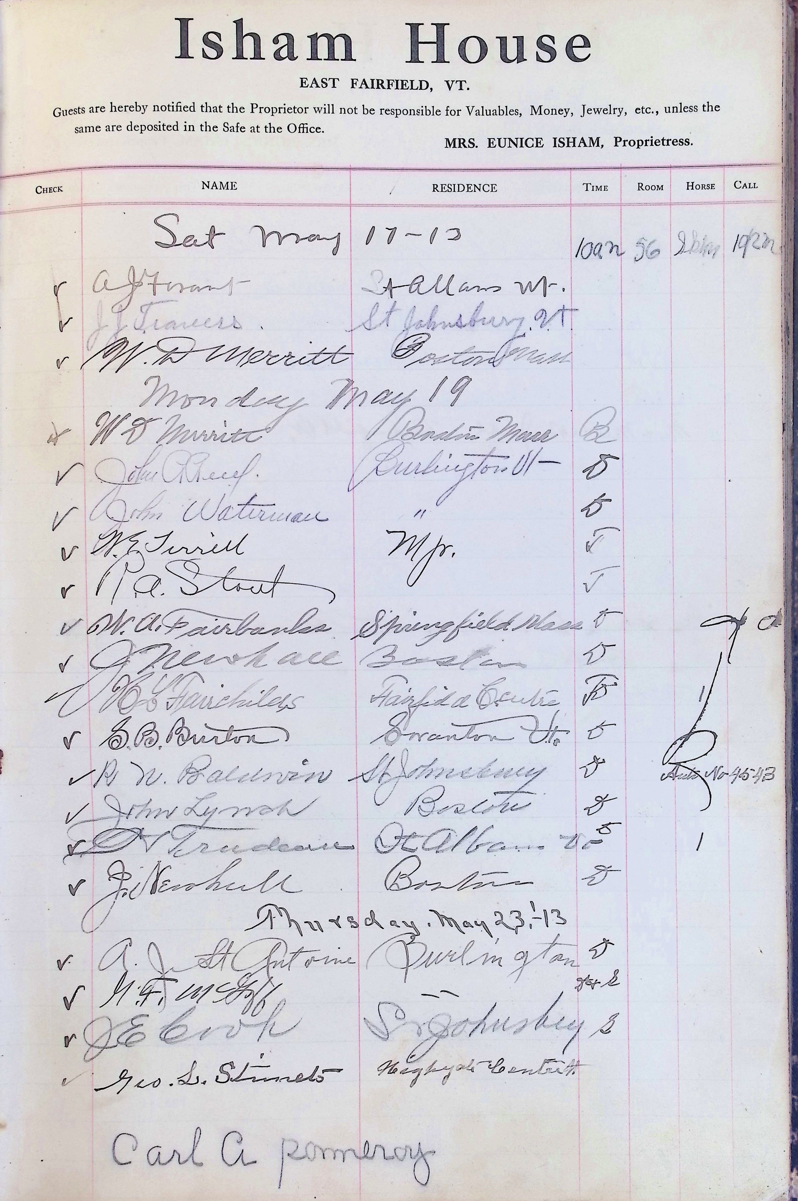 Isham Hotel register Vol. 4, Page 182