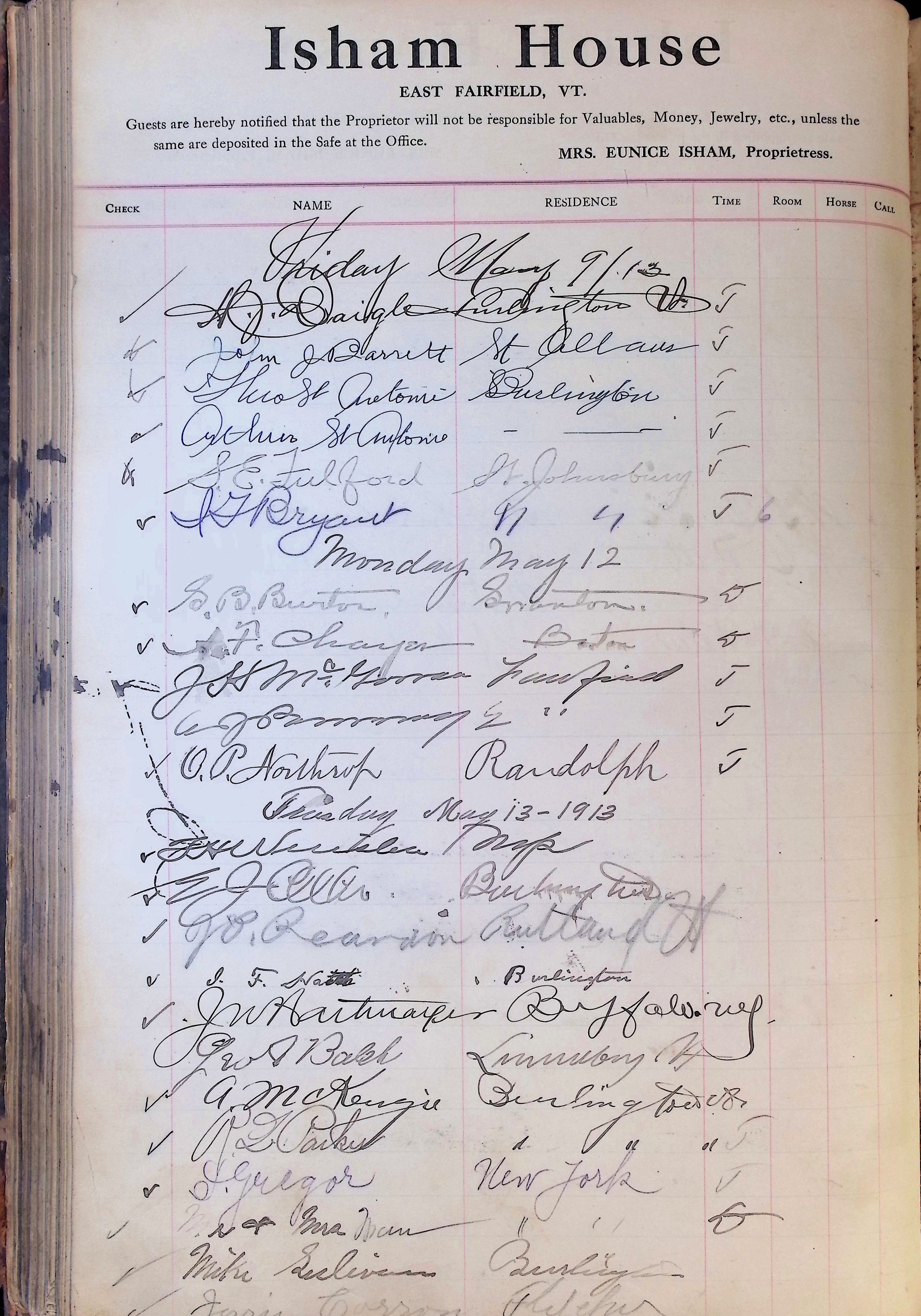 Isham Hotel register Vol. 4, Page 183
