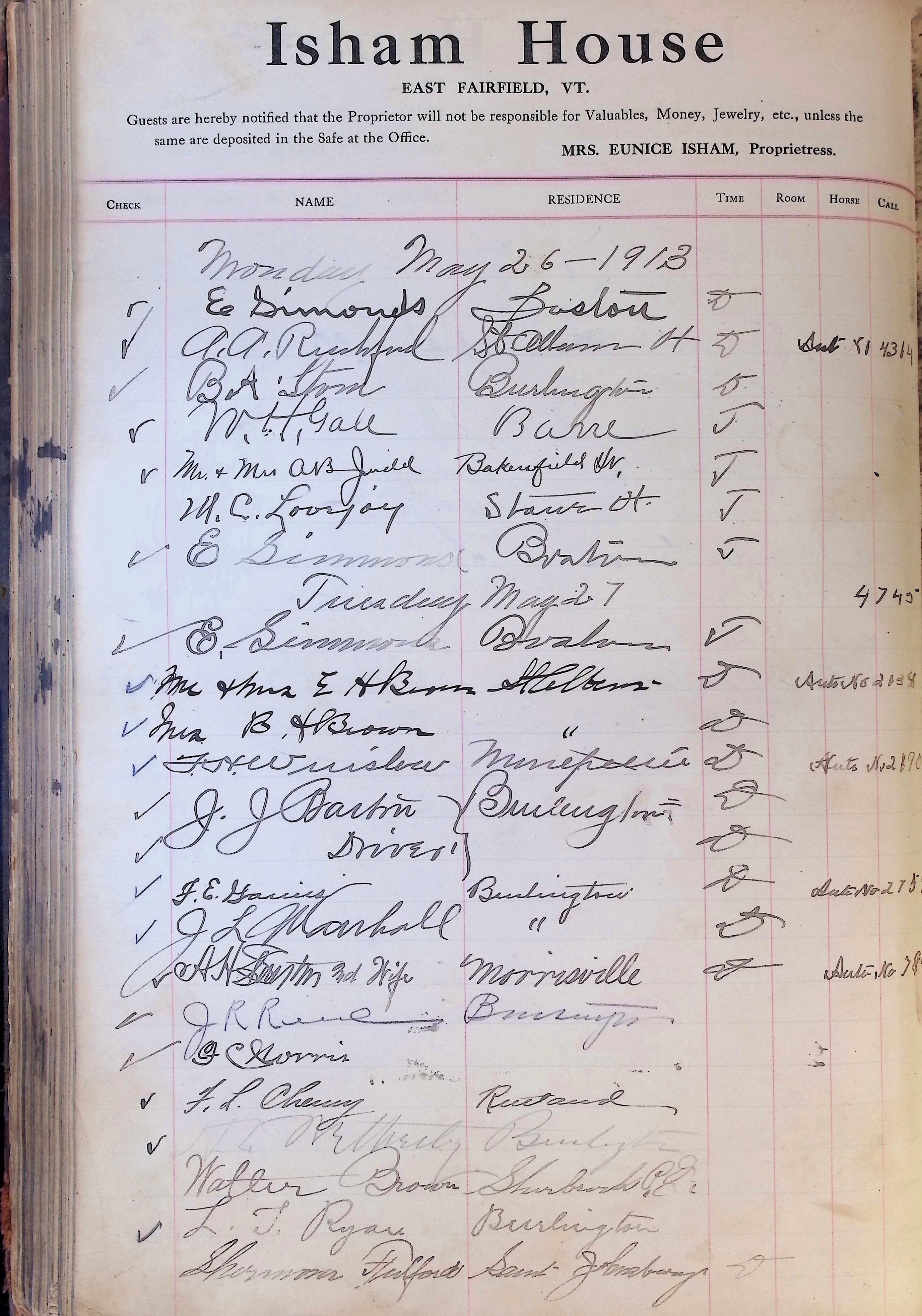 Isham Hotel register Vol. 4, Page 185