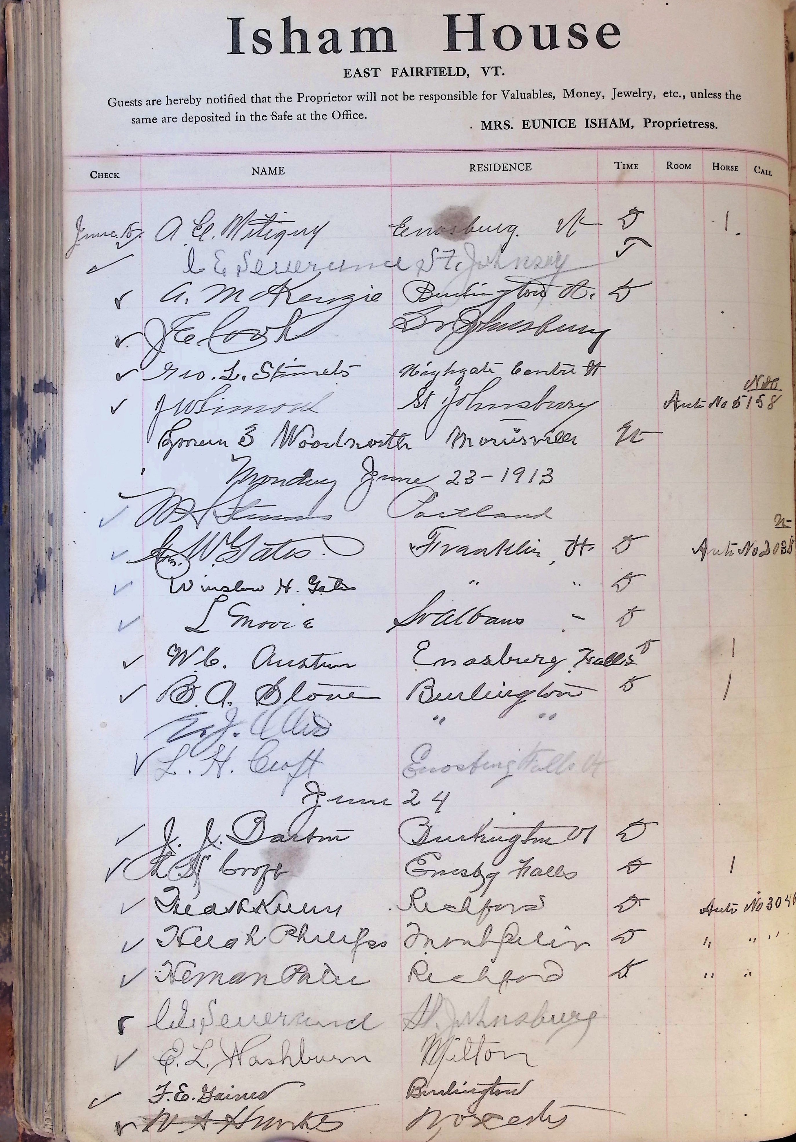 Isham Hotel register Vol. 4, Page 189
