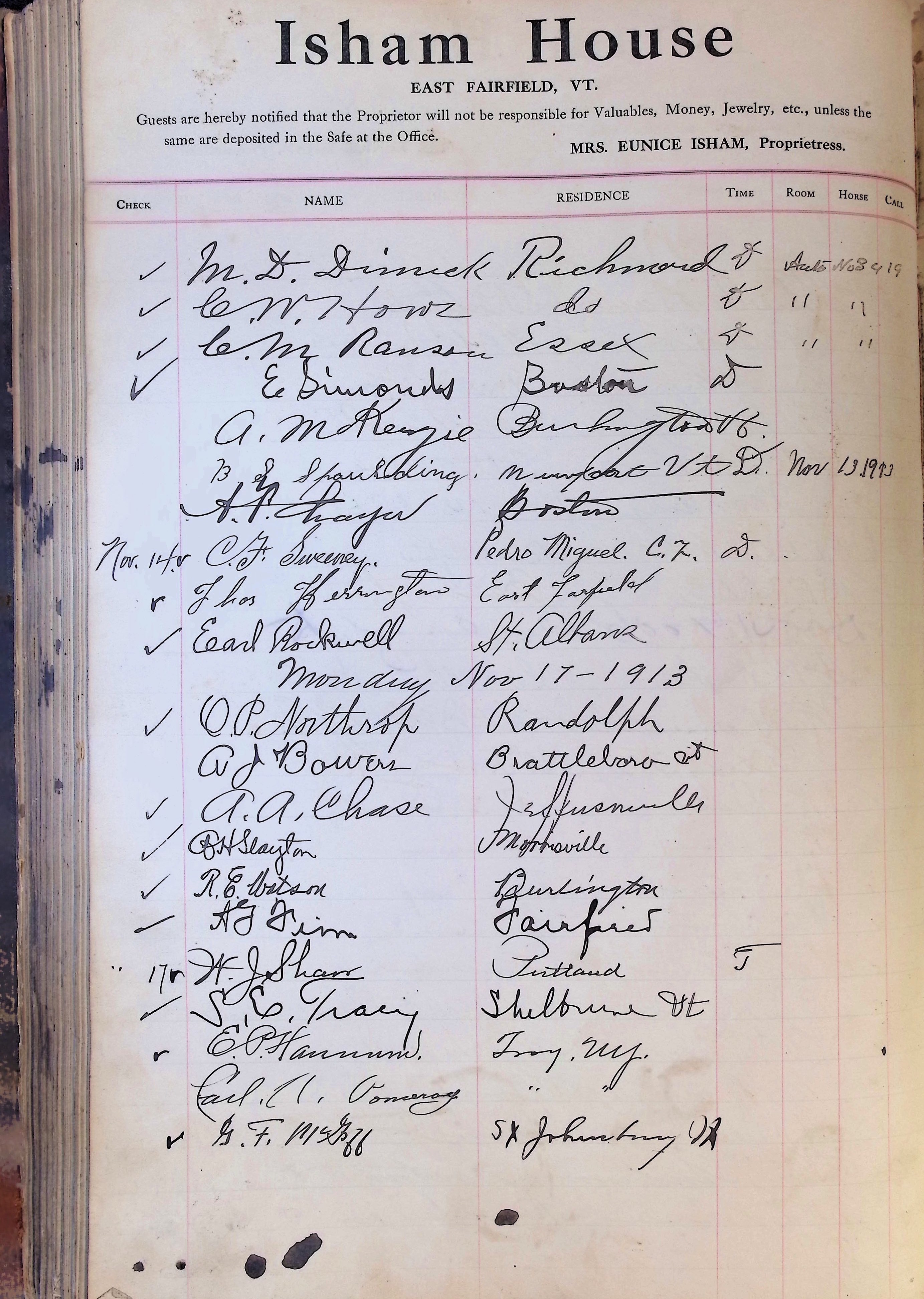 Isham Hotel register Vol. 4, Page 209
