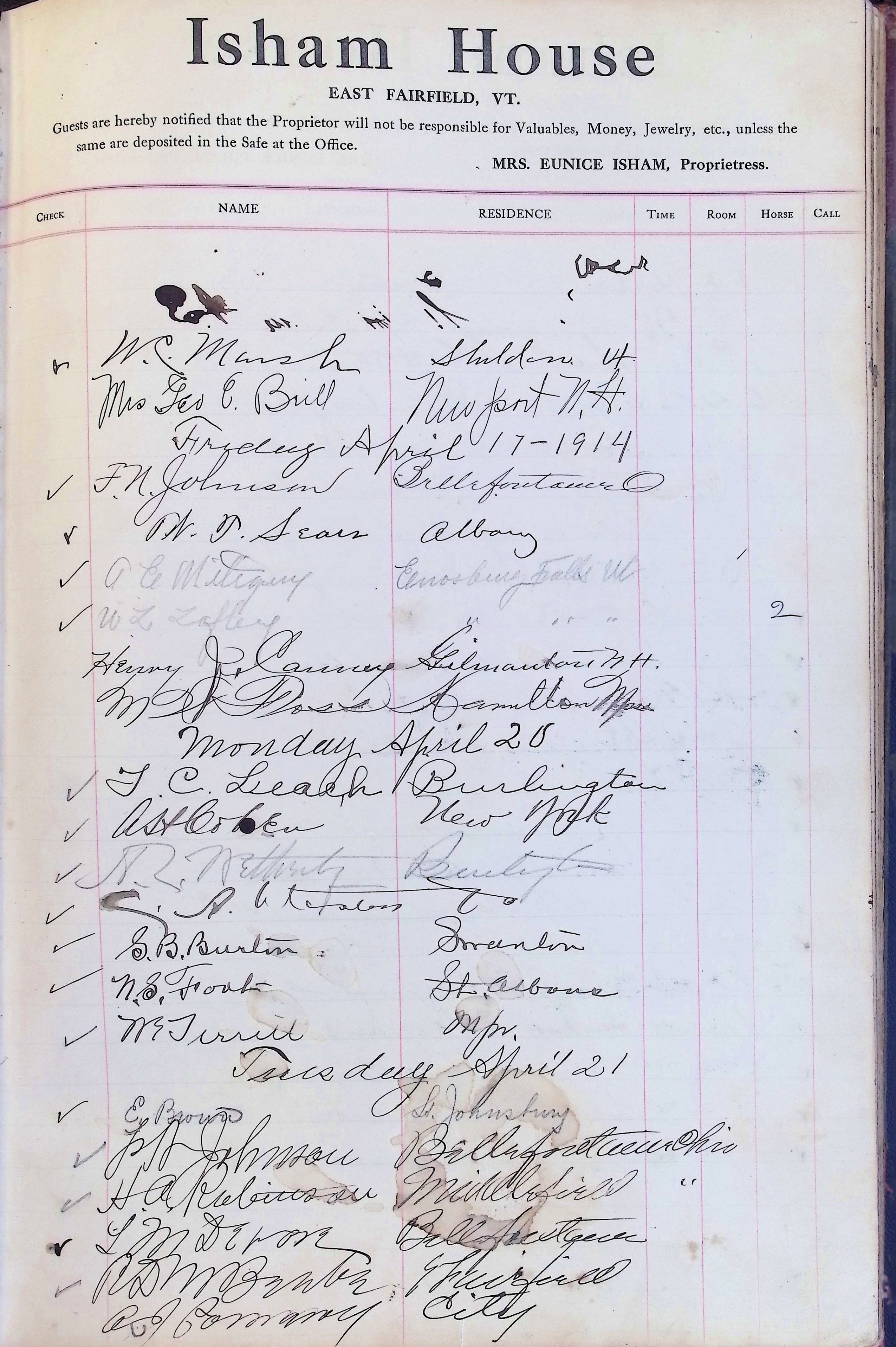 Isham Hotel register Vol. 4, Page 224