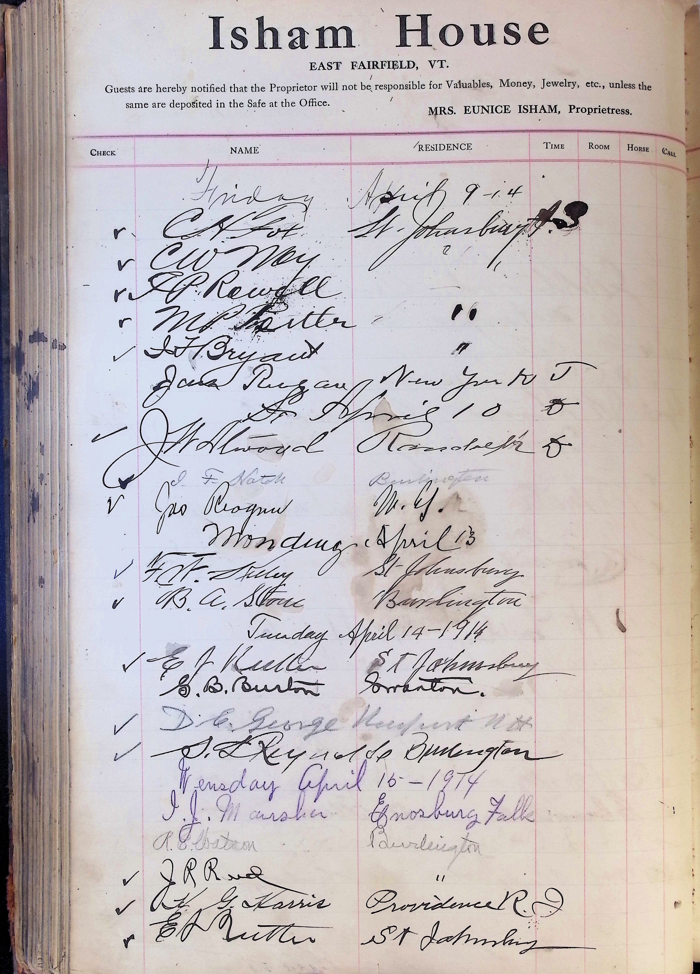 Isham Hotel register Vol. 4, Page 225