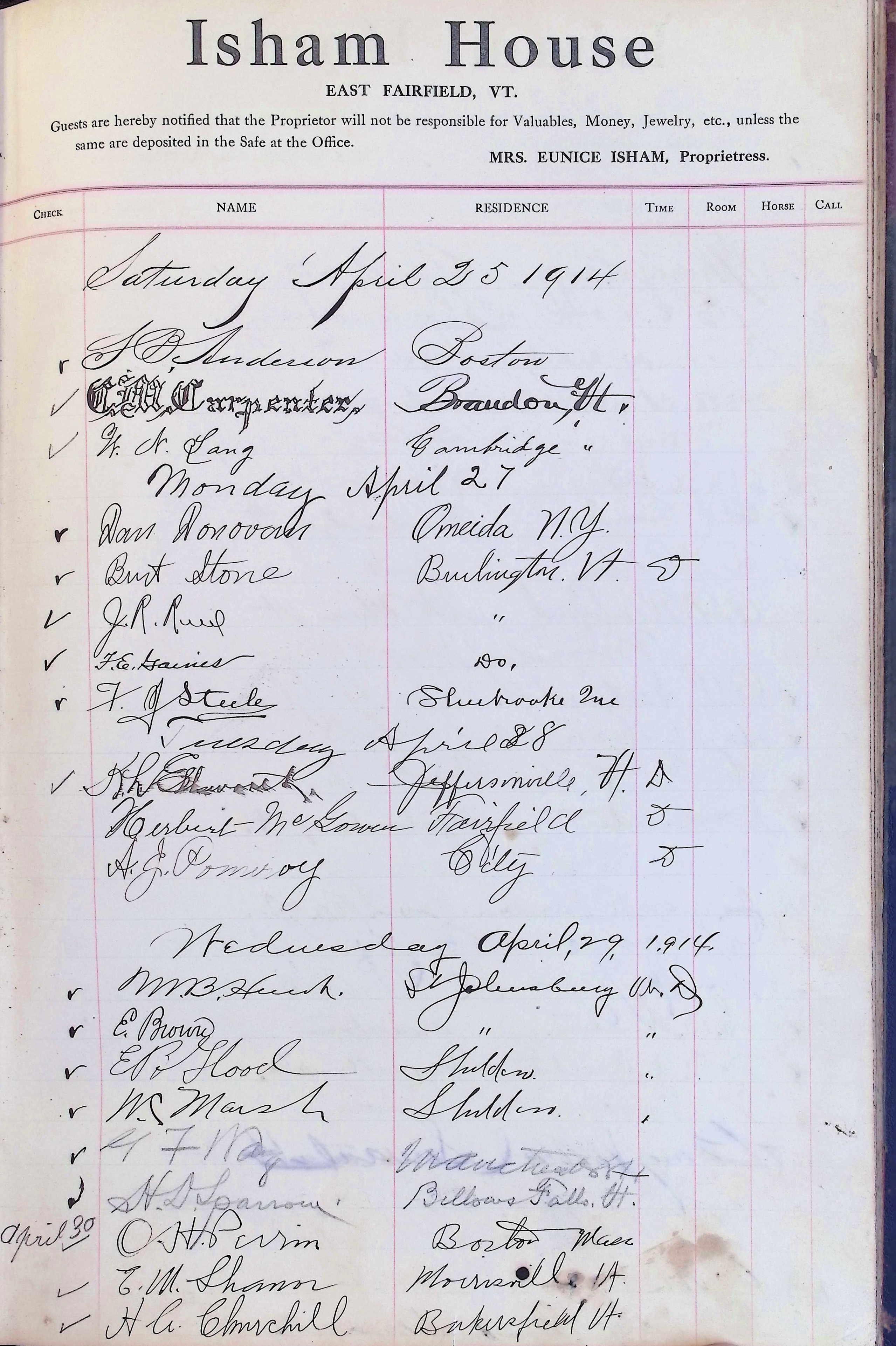Isham Hotel register Vol. 4, Page 226