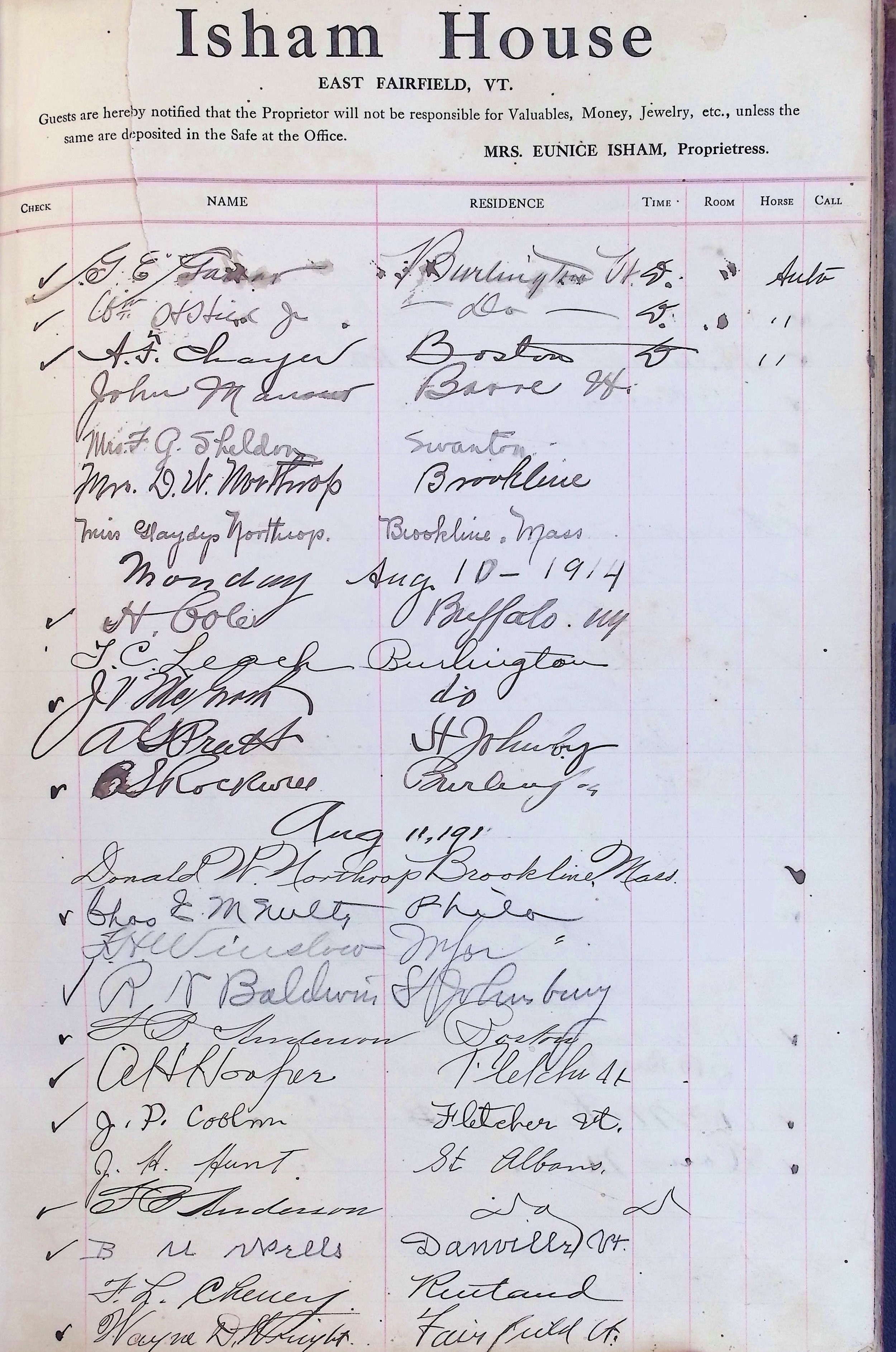 Isham Hotel register Vol. 4, Page 240